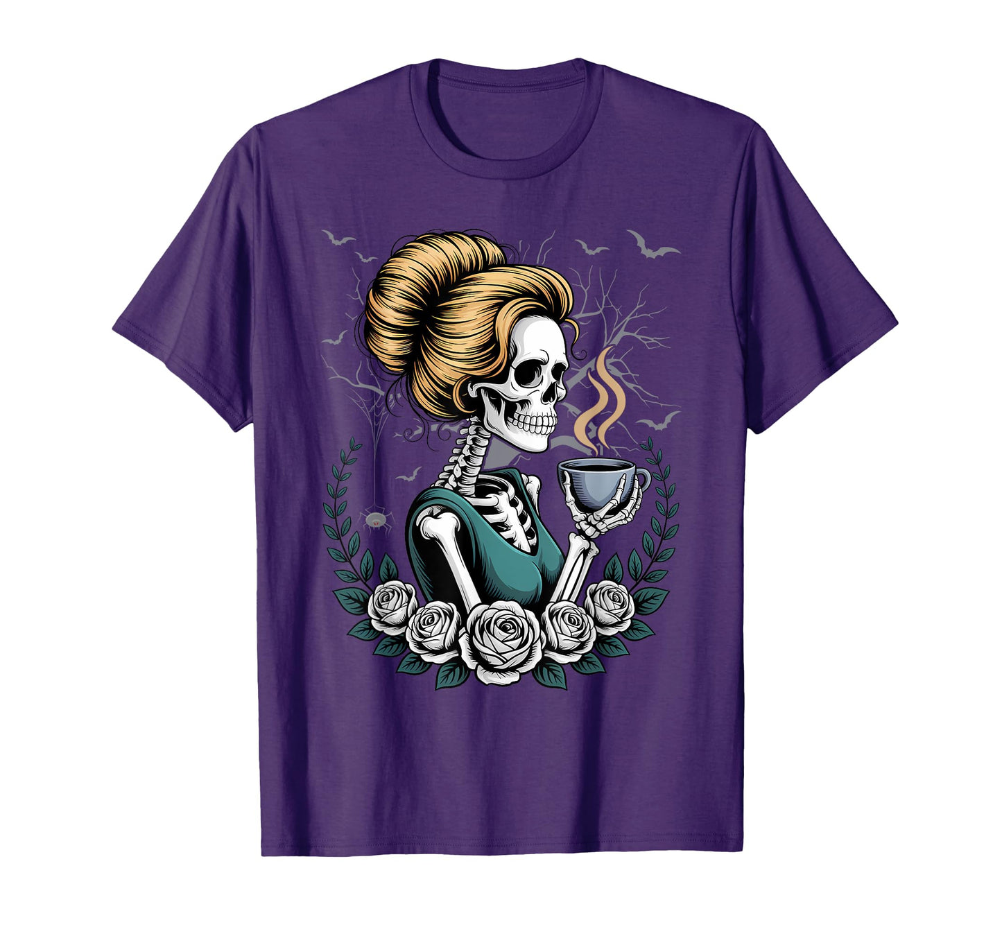 Messy Bun Skeleton Drinking Coffee Vintage Halloween Funny T-Shirt