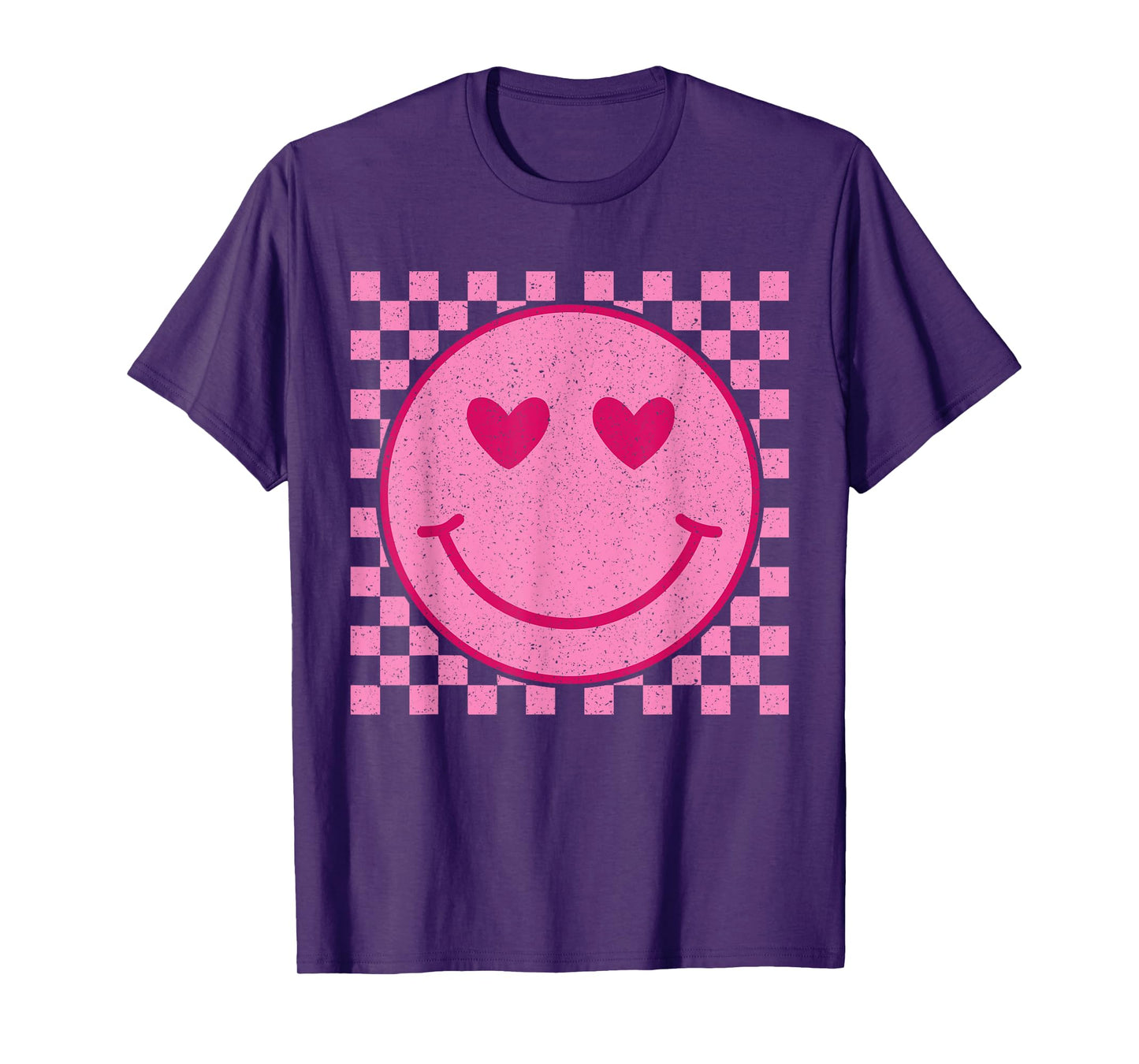 Retro Pink Happy Face Checkered Pattern Smile Face Trendy T-Shirt
