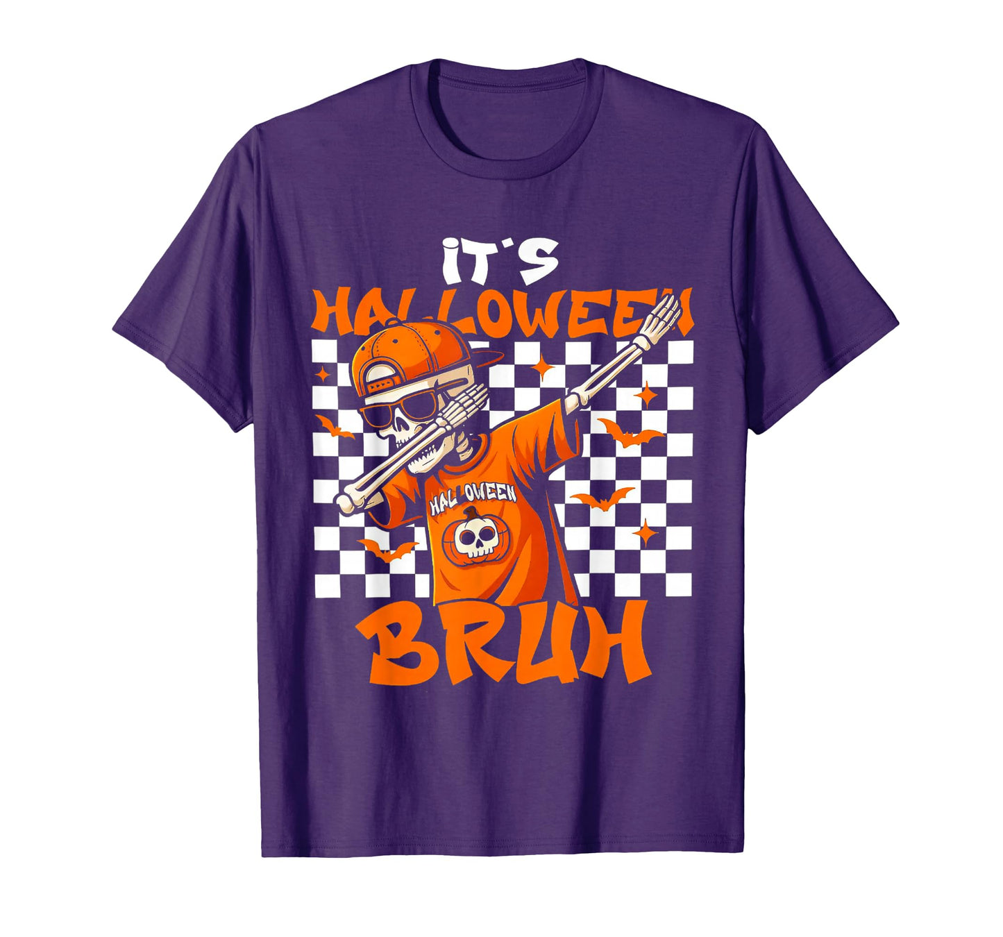 Retro Checkered It's Halloween Bruh Dabbing Skeleton Spooky T-Shirt
