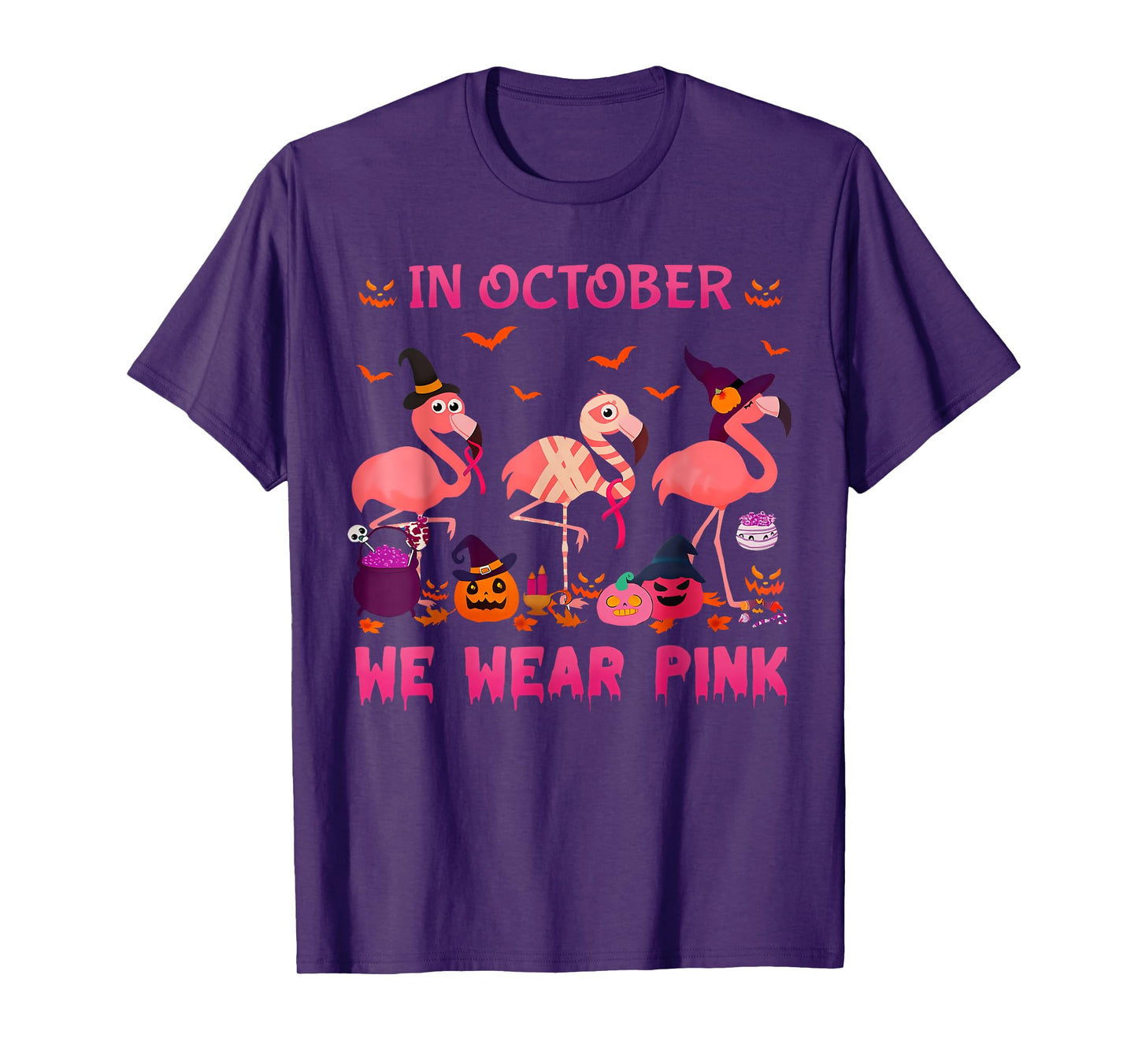 in October We Wear Pink Flamingo Halloween Breast Cancer T-Shirt