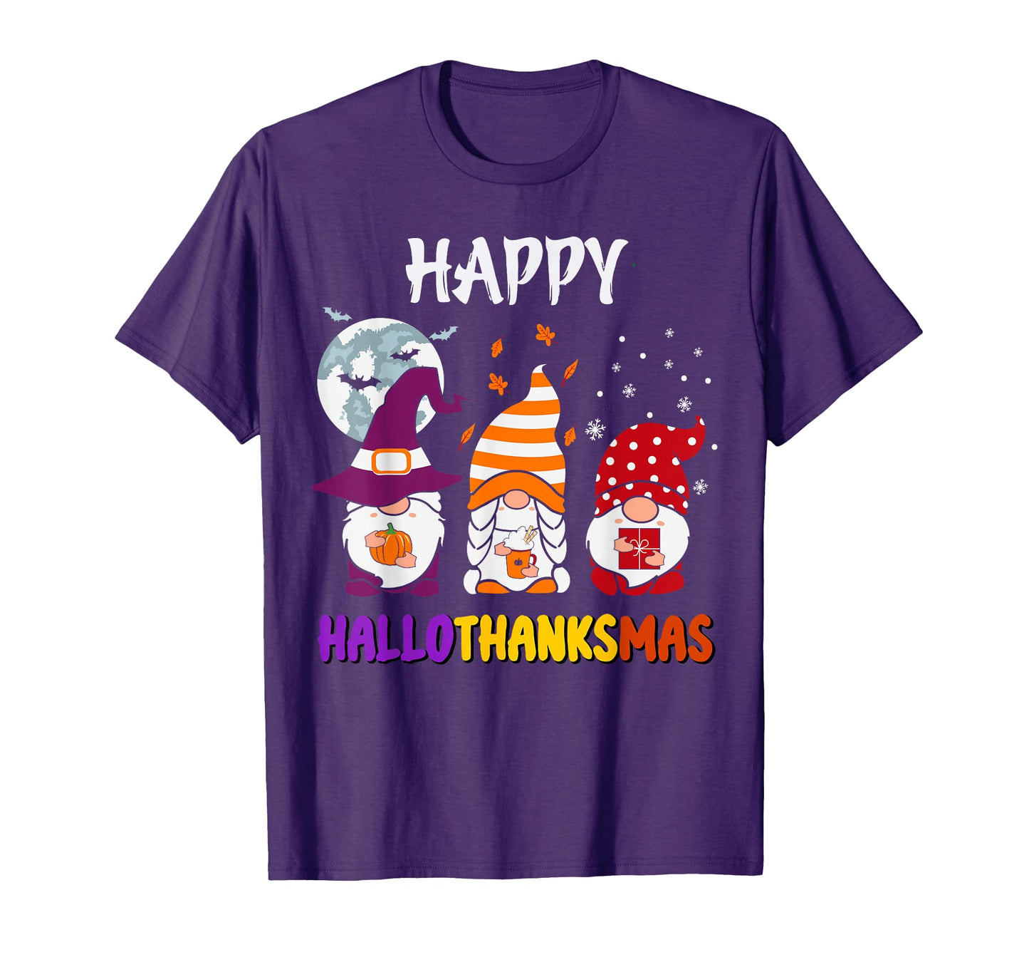 Happy HalloThanksMas Gnomes Halloween Thanksgiving Christmas T-Shirt