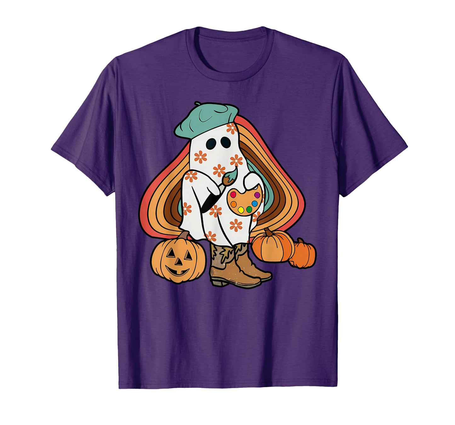Art Teacher Painting Brushes Retro Pumpkin Ghost Artist T-Shirt