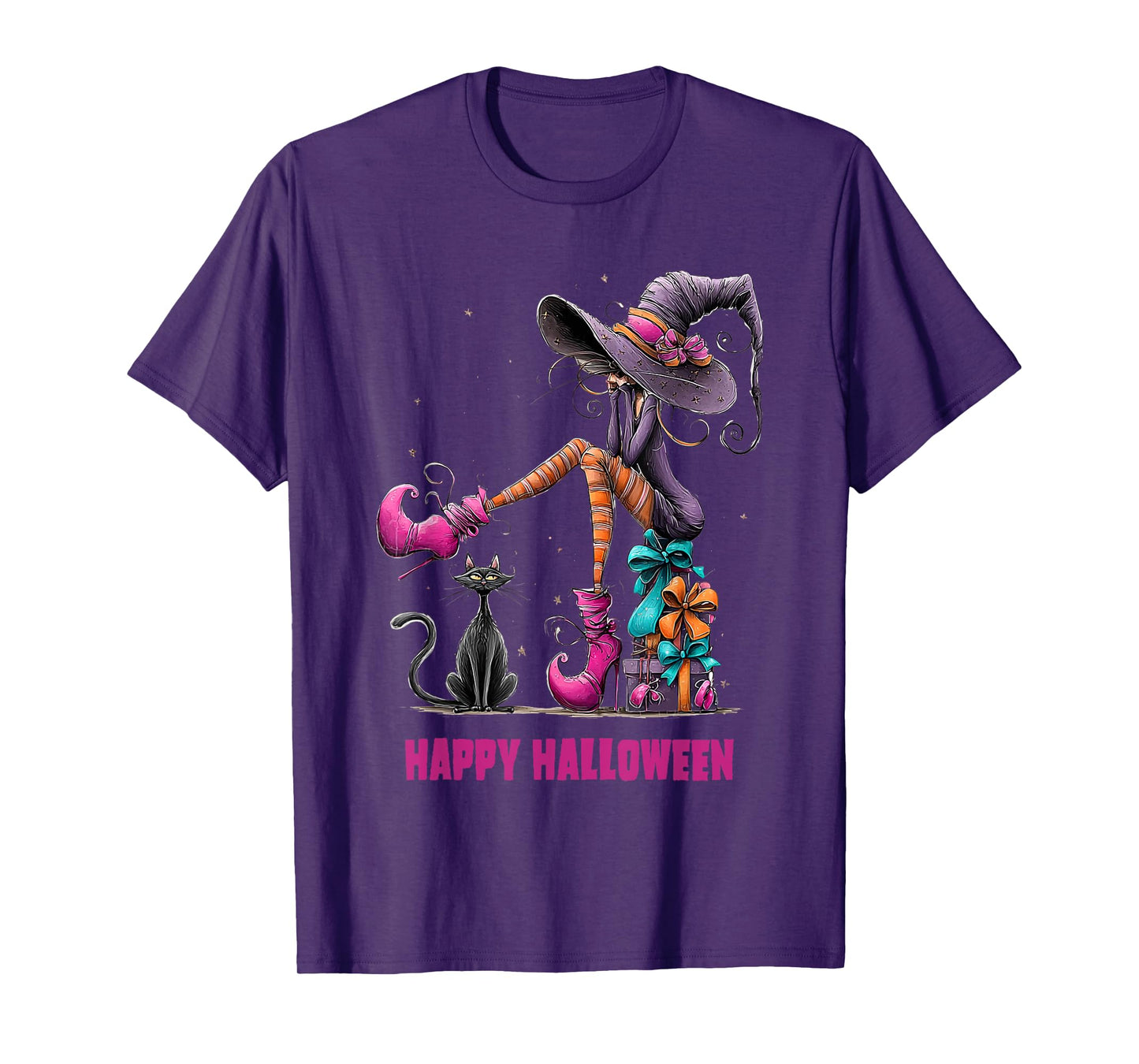 Spooky Witch High Heels with Black Cat Halloween Pumpkin T-Shirt