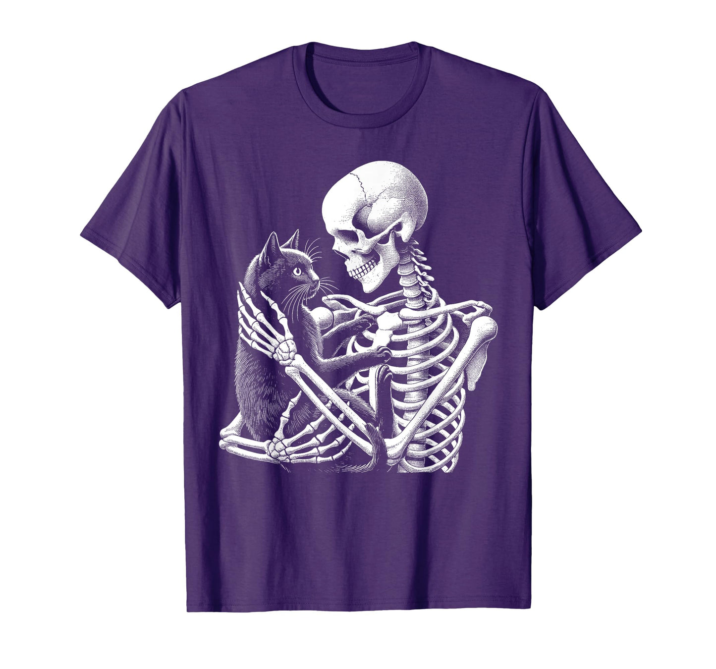 Skeleton Holding A Cat Funny Lazy Halloween Costume Skull T-Shirt