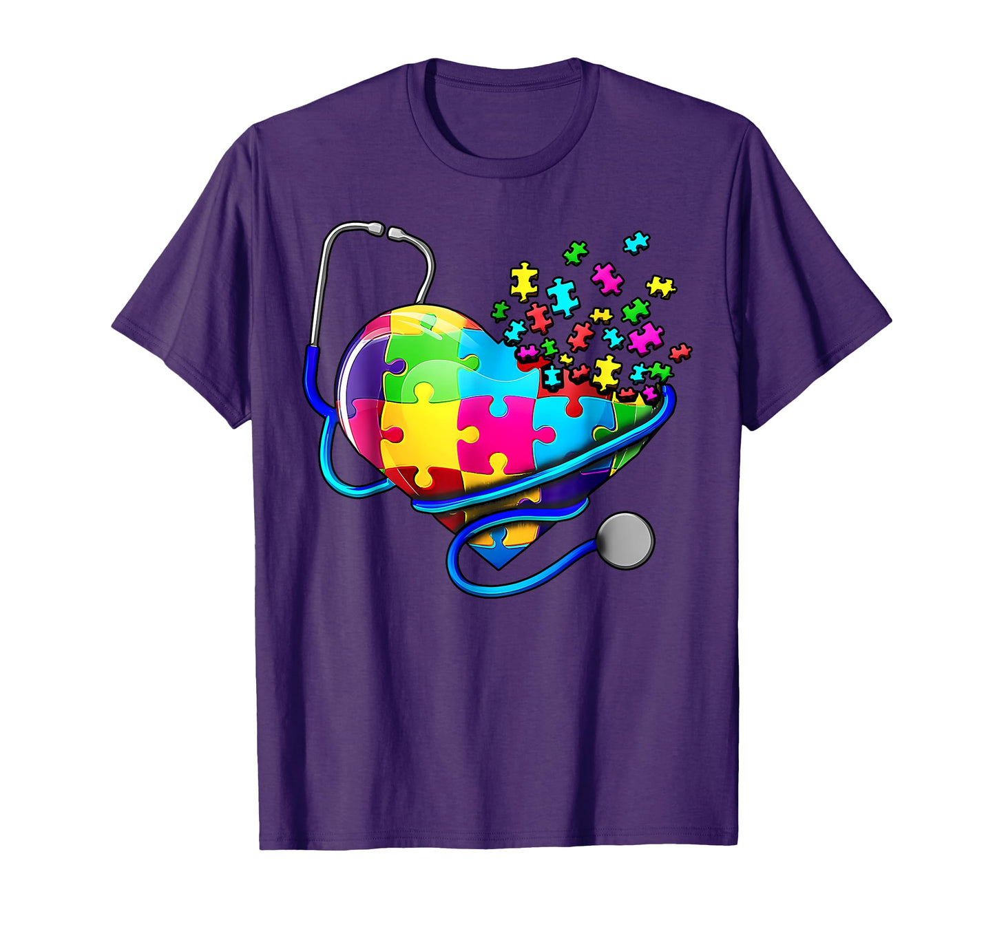 Autism Awareness Nurse Stethoscope Heart ASD Scrub Top Women T-Shirt
