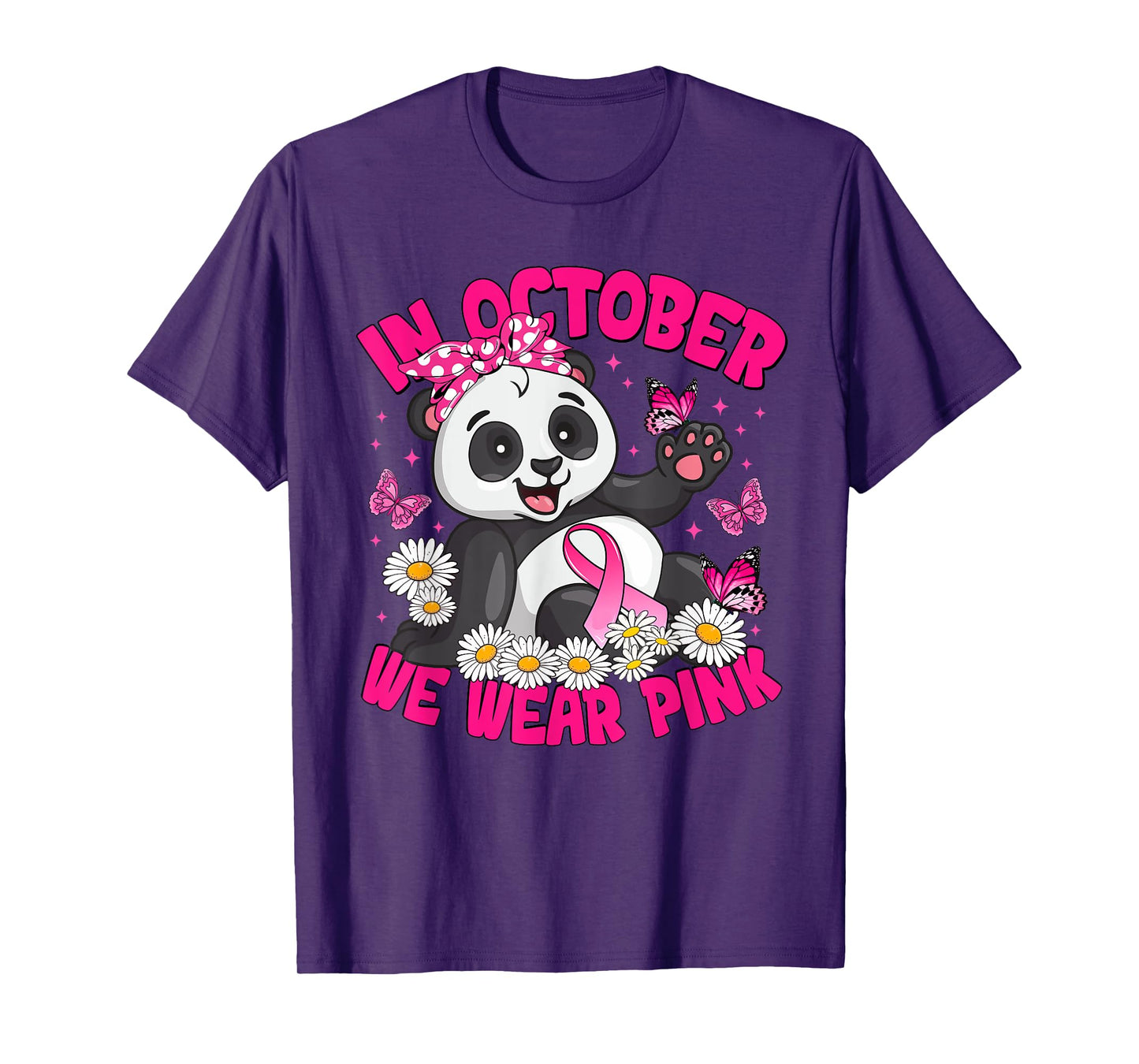 in October We Wear Pink Breast Cancer Awareness Panda Bow T-Shirt