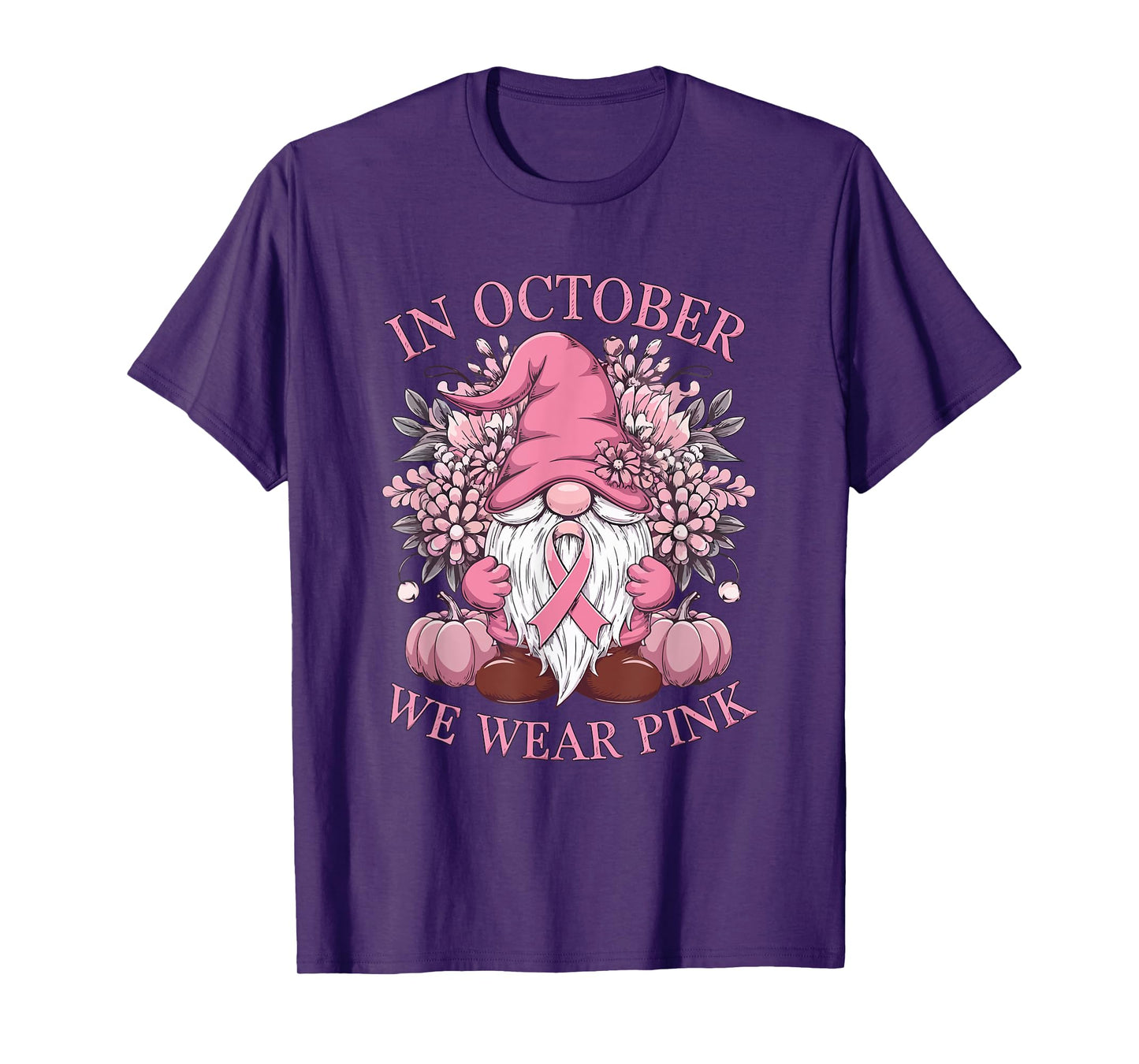 In October We Wear Pink Ribbon Gnome Fall Halloween T-Shirt