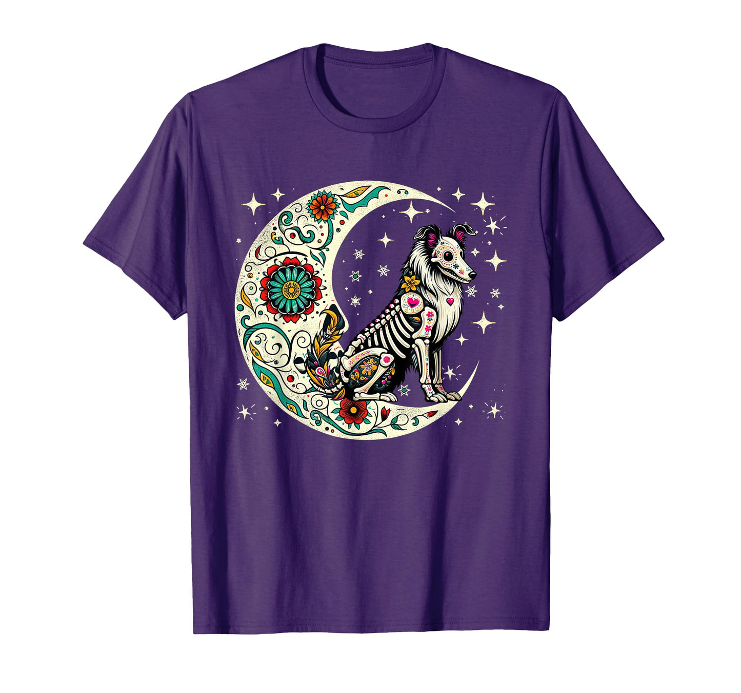 Dia De Los Muertos Halloween Moon Floral Skeleton Sheltie T-Shirt