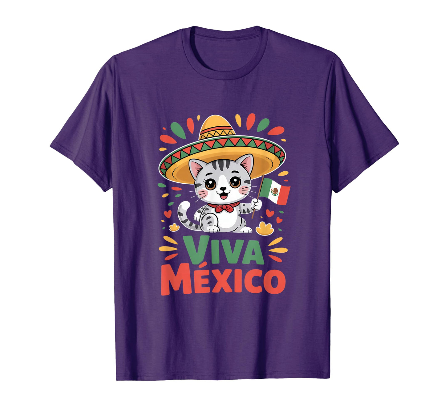 Viva Mexico Cute Cat Sombrero Mexican Flag Independence Day T-Shirt