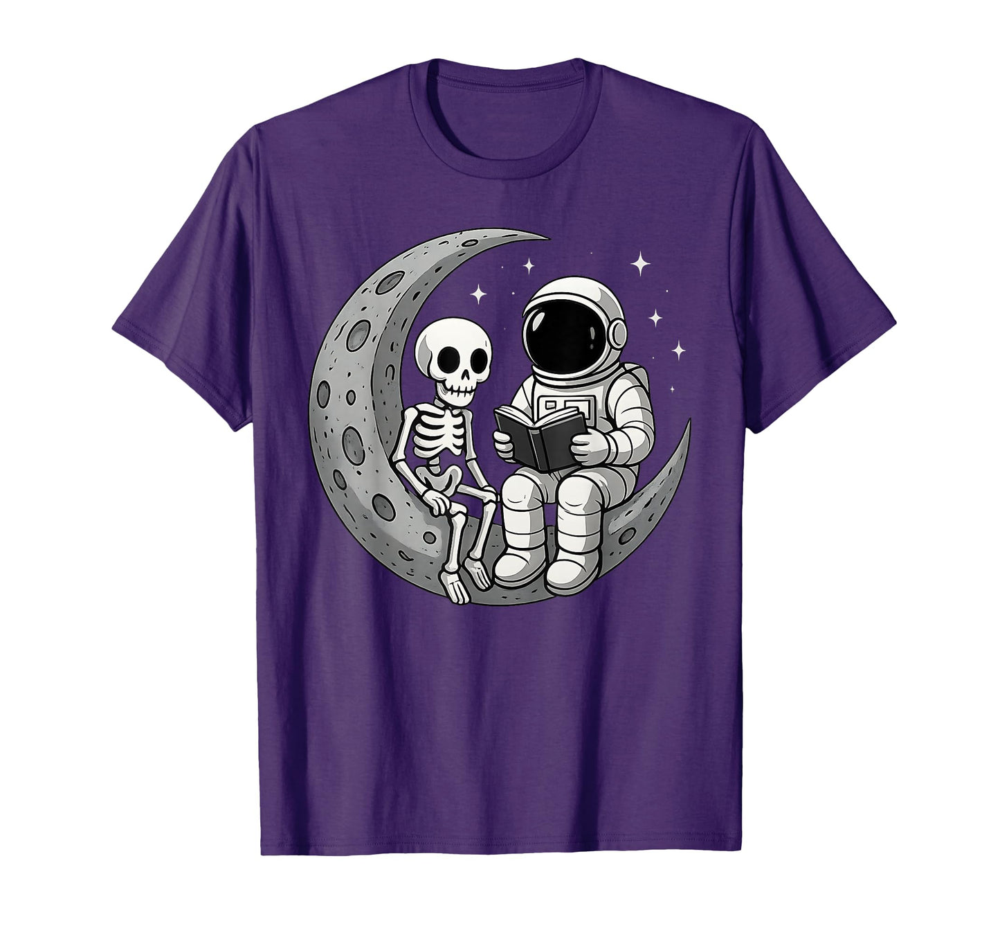 Astronaut Reading Book to Skeleton Moon Space Women Kids Men T-Shirt