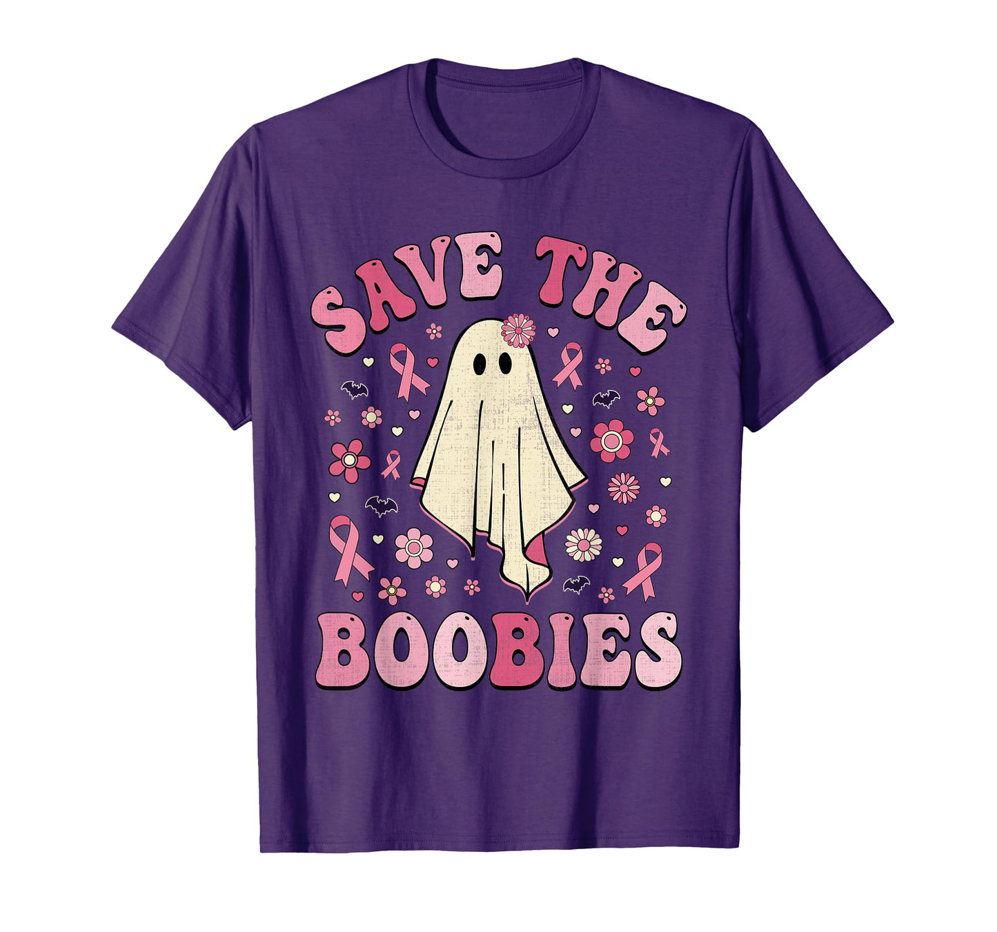 Save the Boobies Pink Halloween Ghost Breast Cancer Groovy T-Shirt