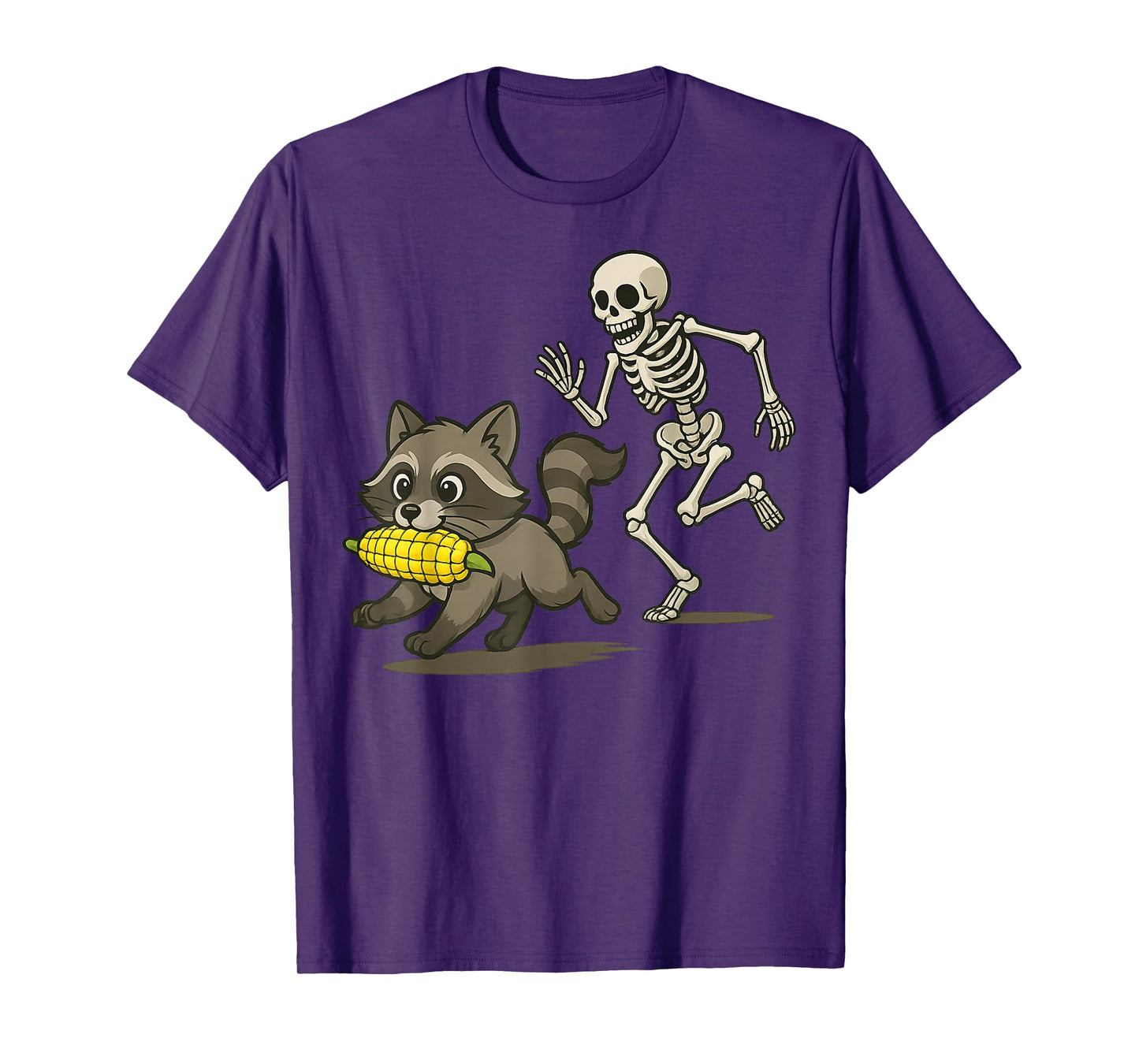 Raccoon Running with Corn and Skeleton Chasing Fun Design T-Shirt