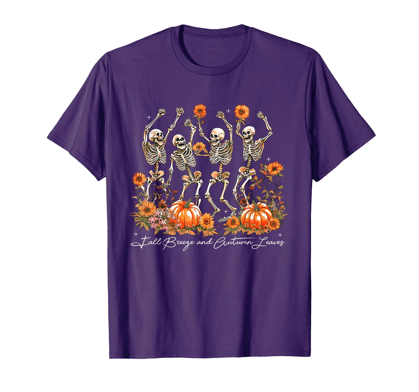 Pumpkin Floral Dancing Skeleton Breeze Autumn Halloween T-Shirt