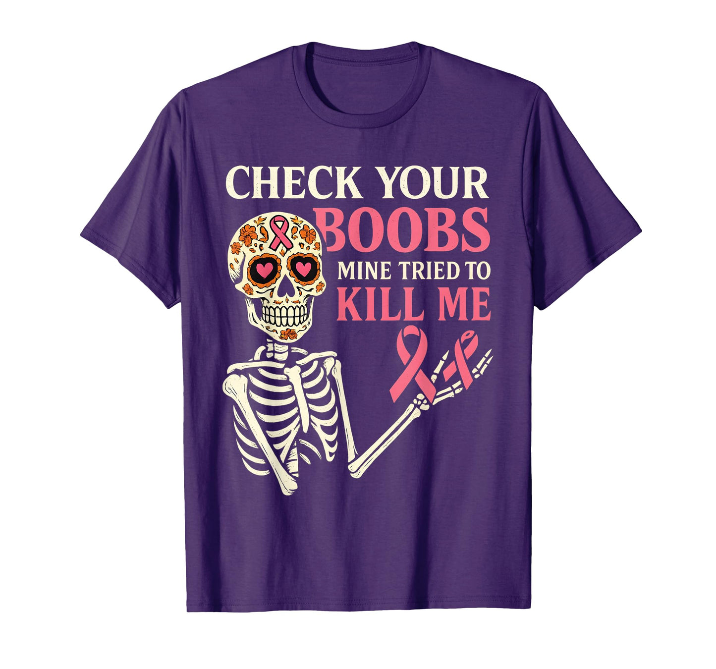 Women Sugar Skull Skeleton Funny Breast Cancer Awareness T-Shirt