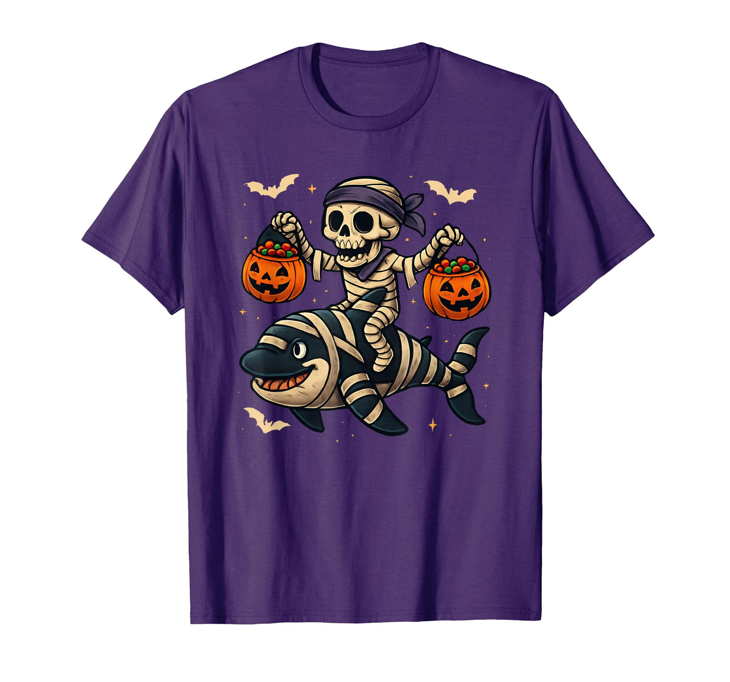 Skeleton Riding Mummy Orca Halloween Candy Whale T-Shirt
