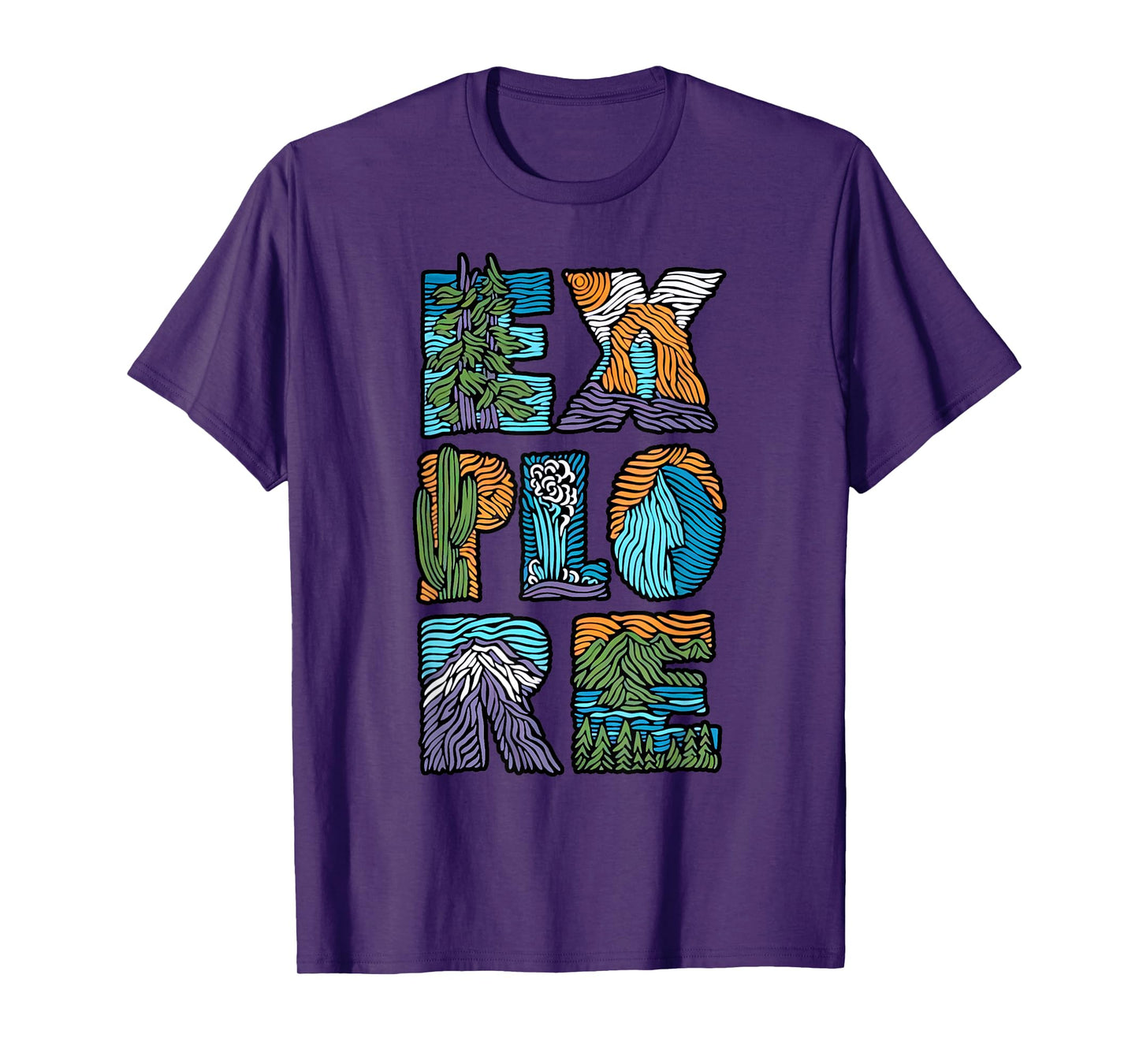 Explore Nature Outdoor National Park Hiker Camper Unisex-Adults,Unisex-Kids Modern Letter Print T-Shirt Black Small Crew Neck Short Sleeve