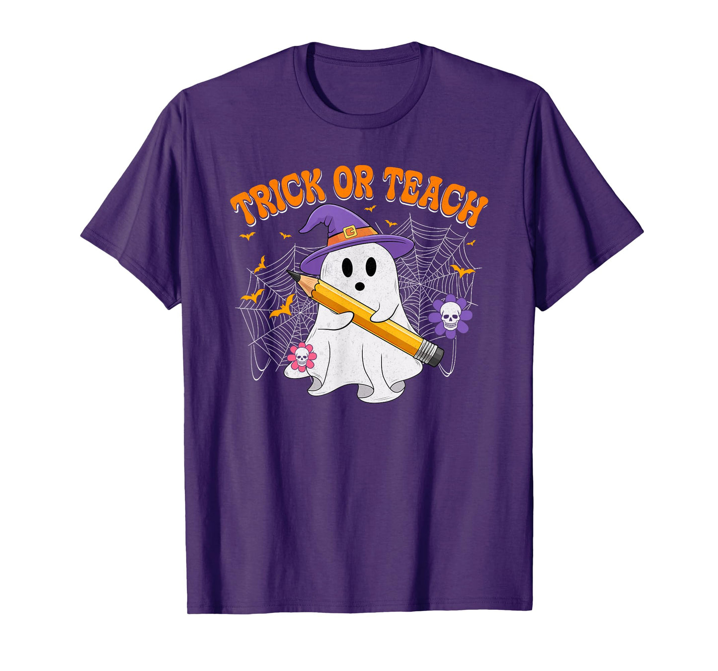 Trick Or Teach Boo Ghost Groovy Halloween Costume Teacher T-Shirt