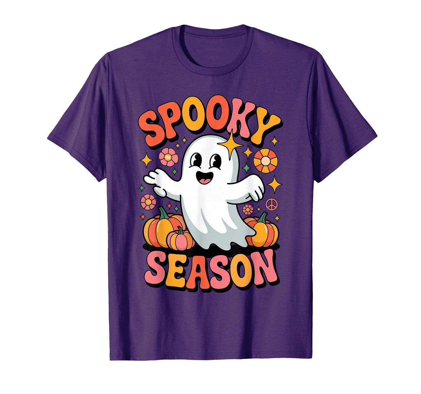 Cute Ghost and Pumpkins Groovy Spooky Season Funny Halloween T-Shirt