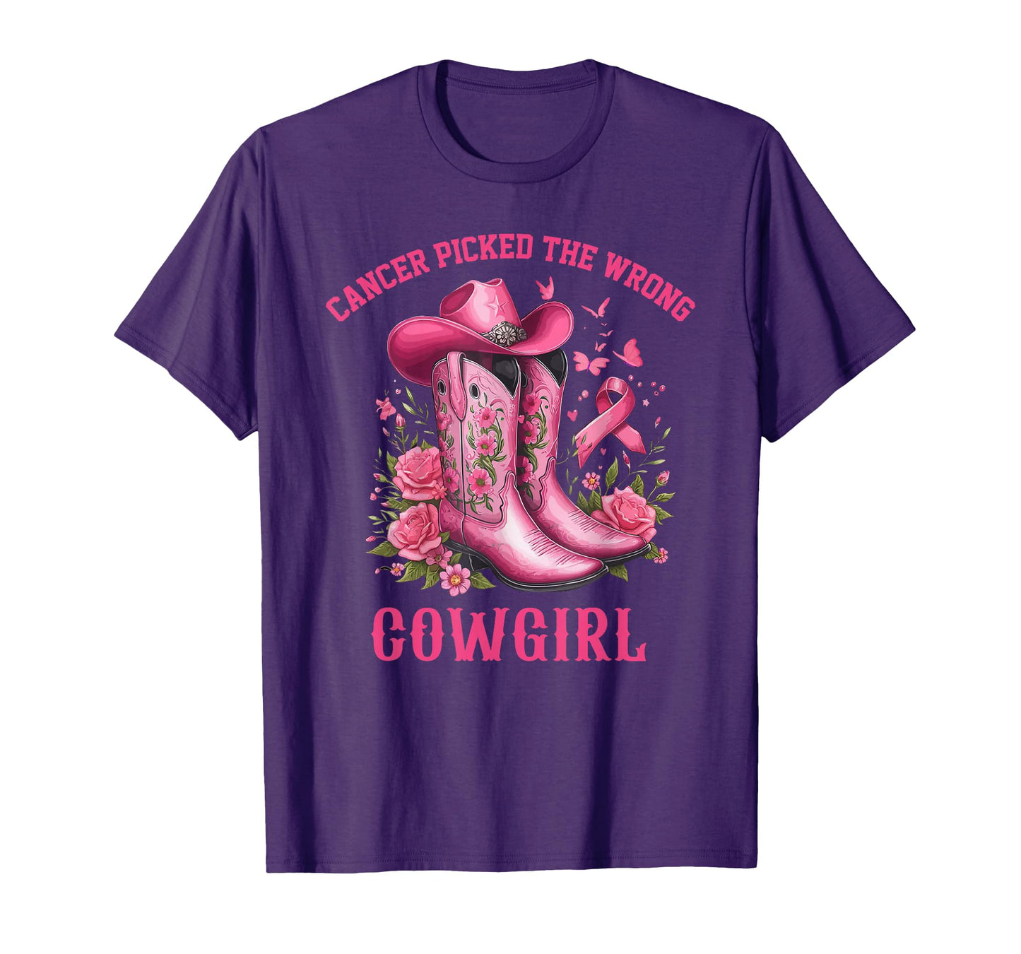 Pink Ribbon Cowboy Hat Boots Cancer Picked The Wrong Cowgirl T-Shirt