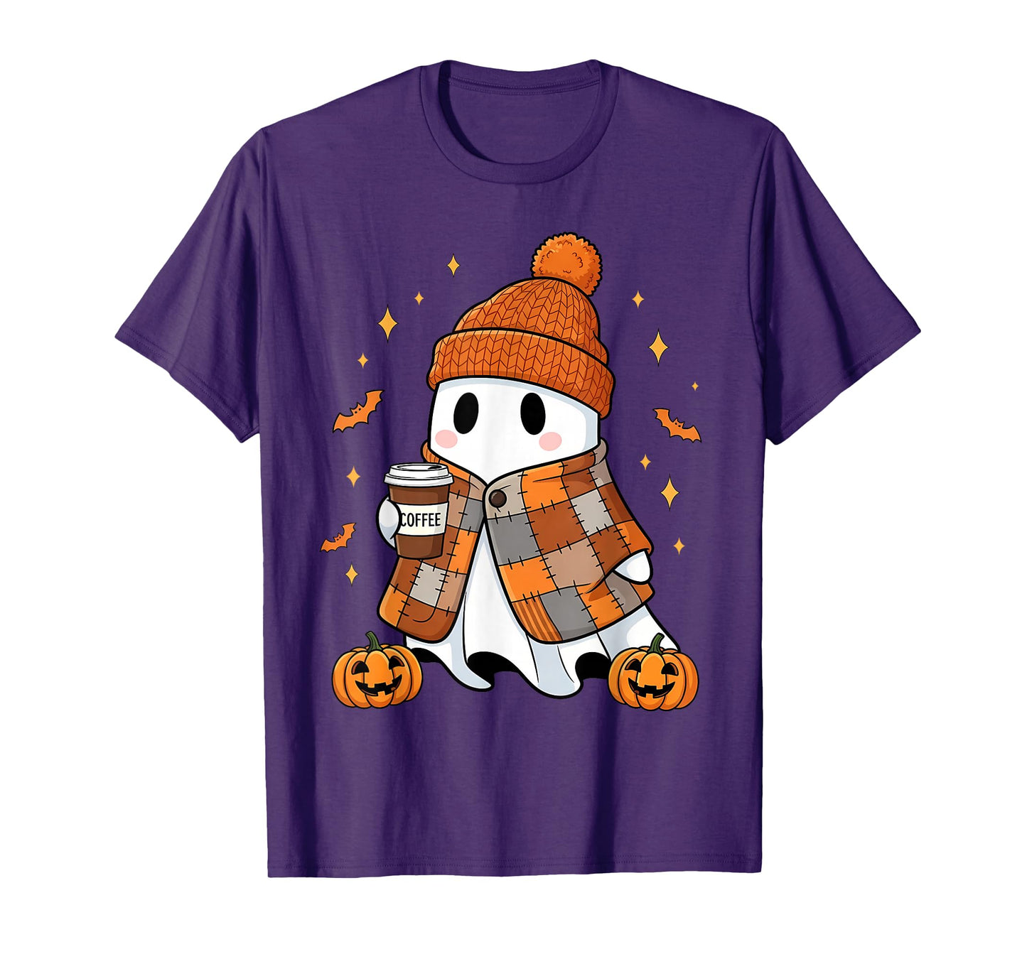 Ghost Drinking Coffee Halloween Patchwork Ghost T-Shirt