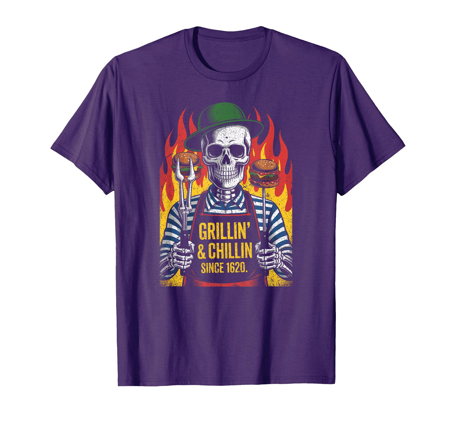 Skeleton BBQ Master Grilling Burgers with Flames T-Shirt