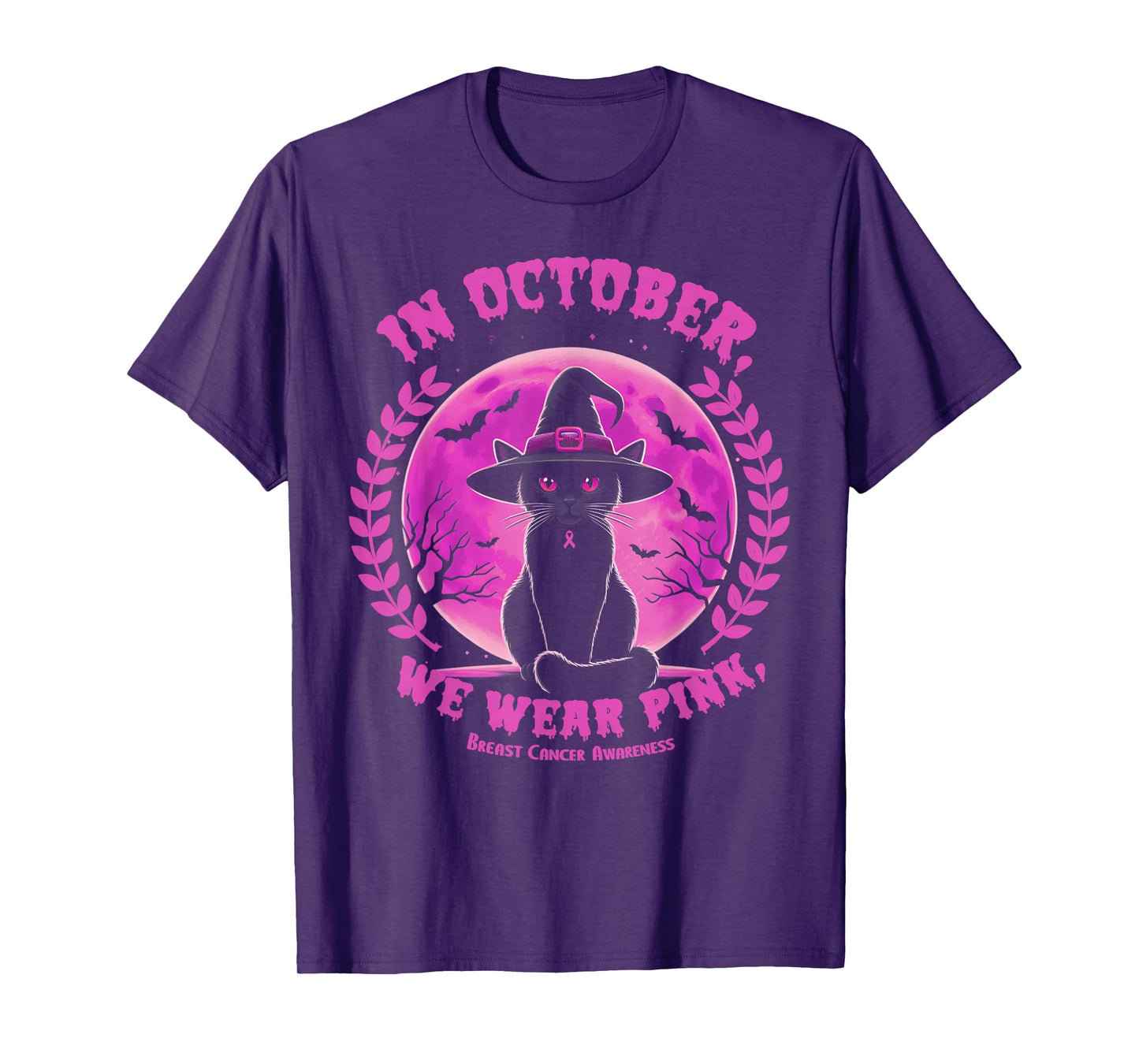 In October We Wear Pink Witch Cat Halloween Breast Cancer T-Shirt