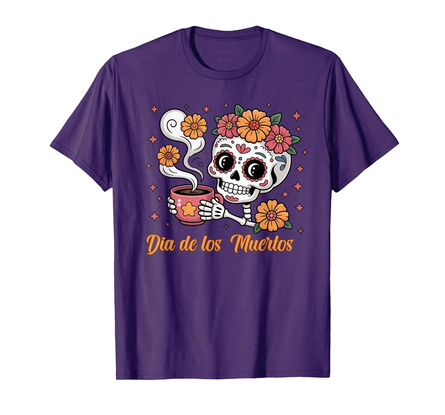 Dia de Los Muertos Sugar Skull with Cafecito Vibes T-Shirt