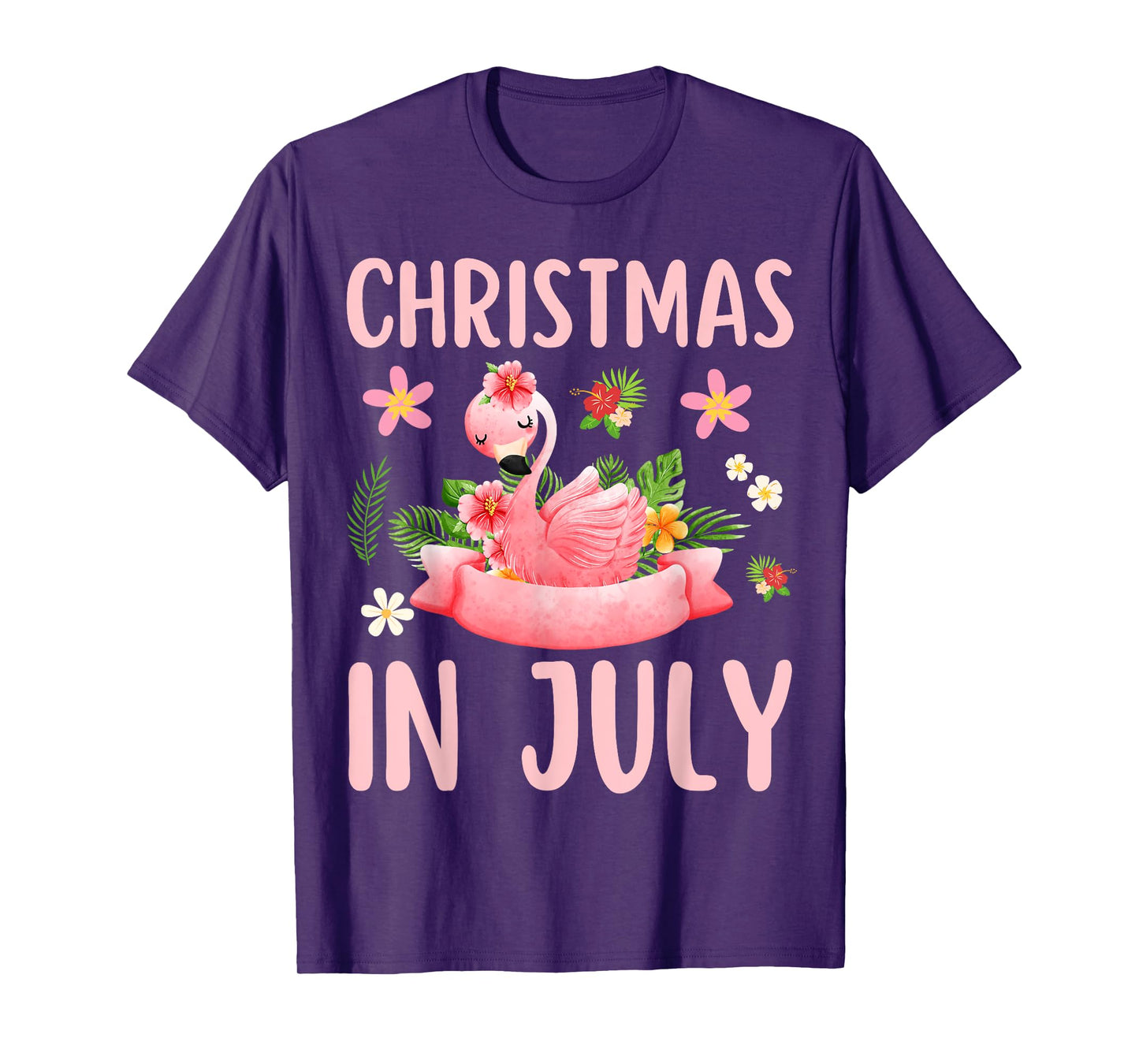 Christmas In July Shirts for Women Pink Flamingo T-Shirt