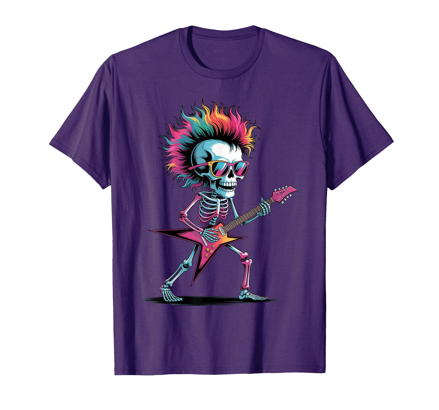 Rock Skeleton Guitar Poster Style Colorful Paint Splatter T-Shirt