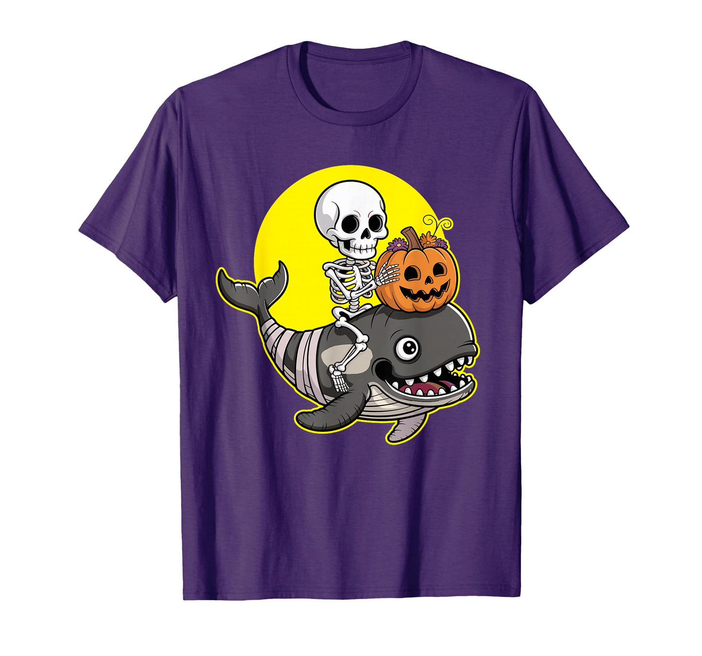 Skeleton Riding Whale with Pumpkin Halloween T-Shirt