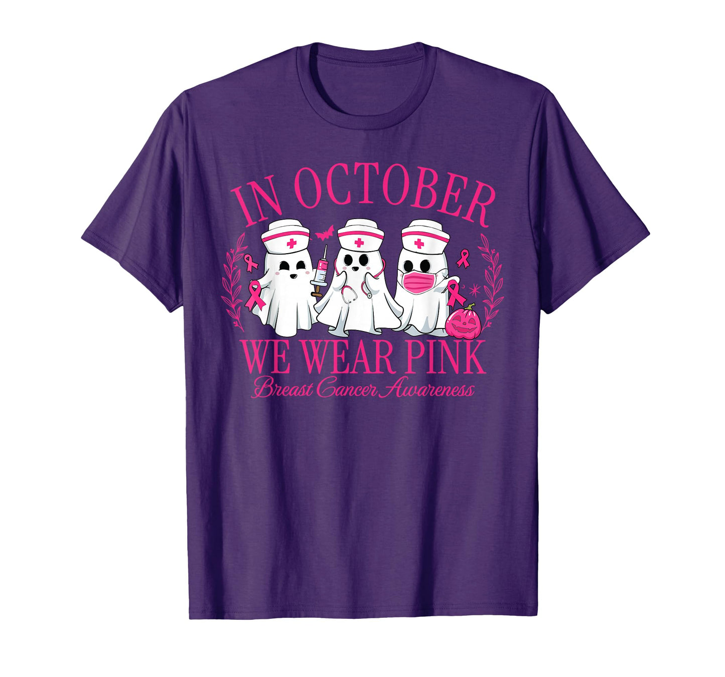 in October We Wear Pink Spooky Nurse Breast Cancer Awareness T-Shirt