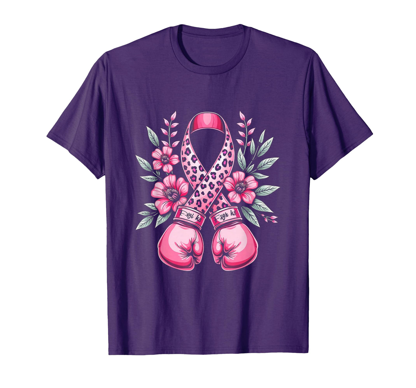 Pink Ribbon Leopard Print Boxing Gloves Breast Cancer Design T-Shirt