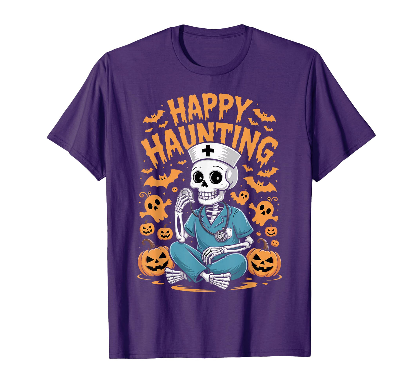 Halloween Nurse Skeleton Happy Haunting T-Shirt