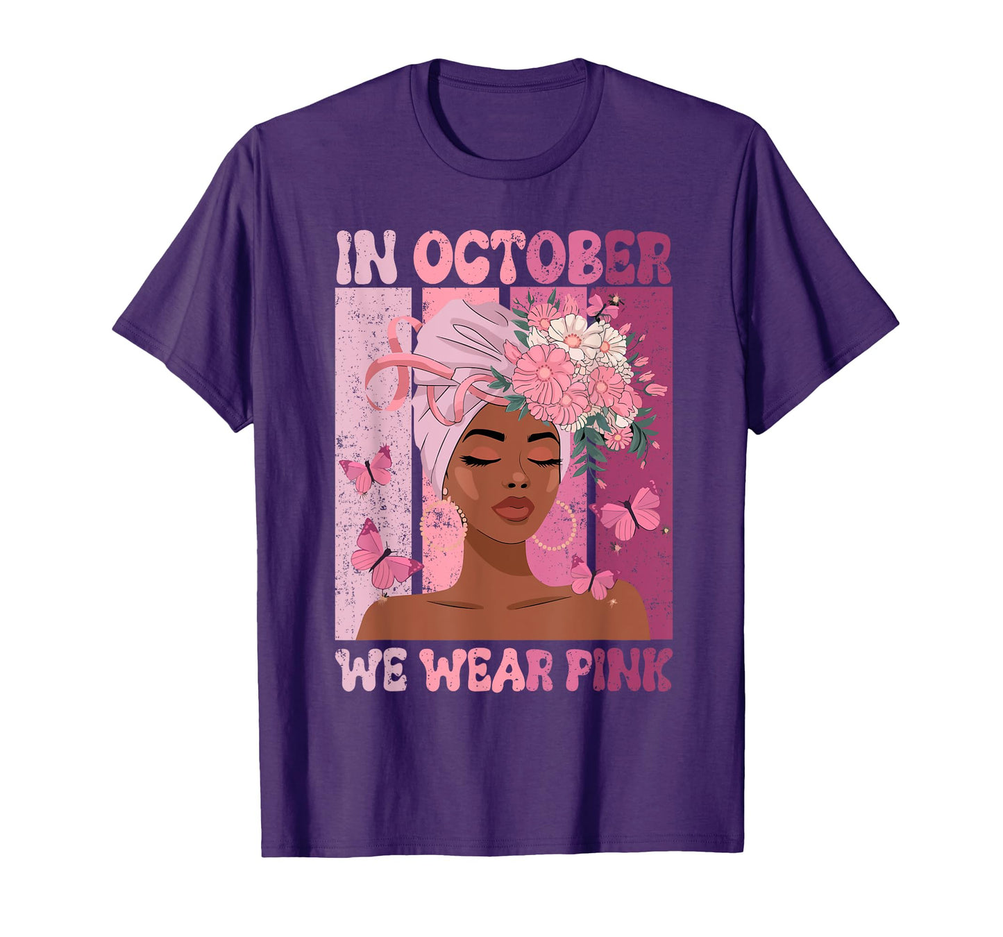 Black Woman In October We Wear Pink Ribbon Breast Cancer T-Shirt