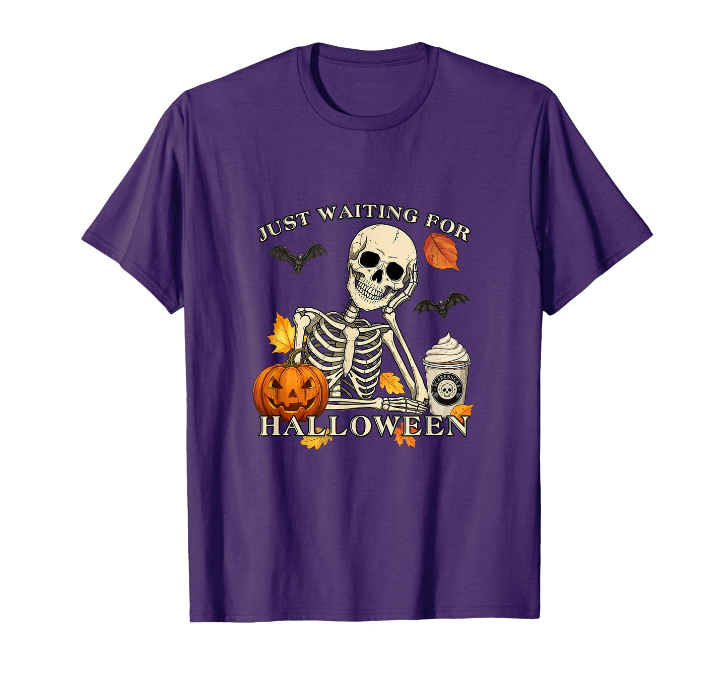 Just Waiting for Halloween Funny Skeleton Coffee Pumpkin T-Shirt