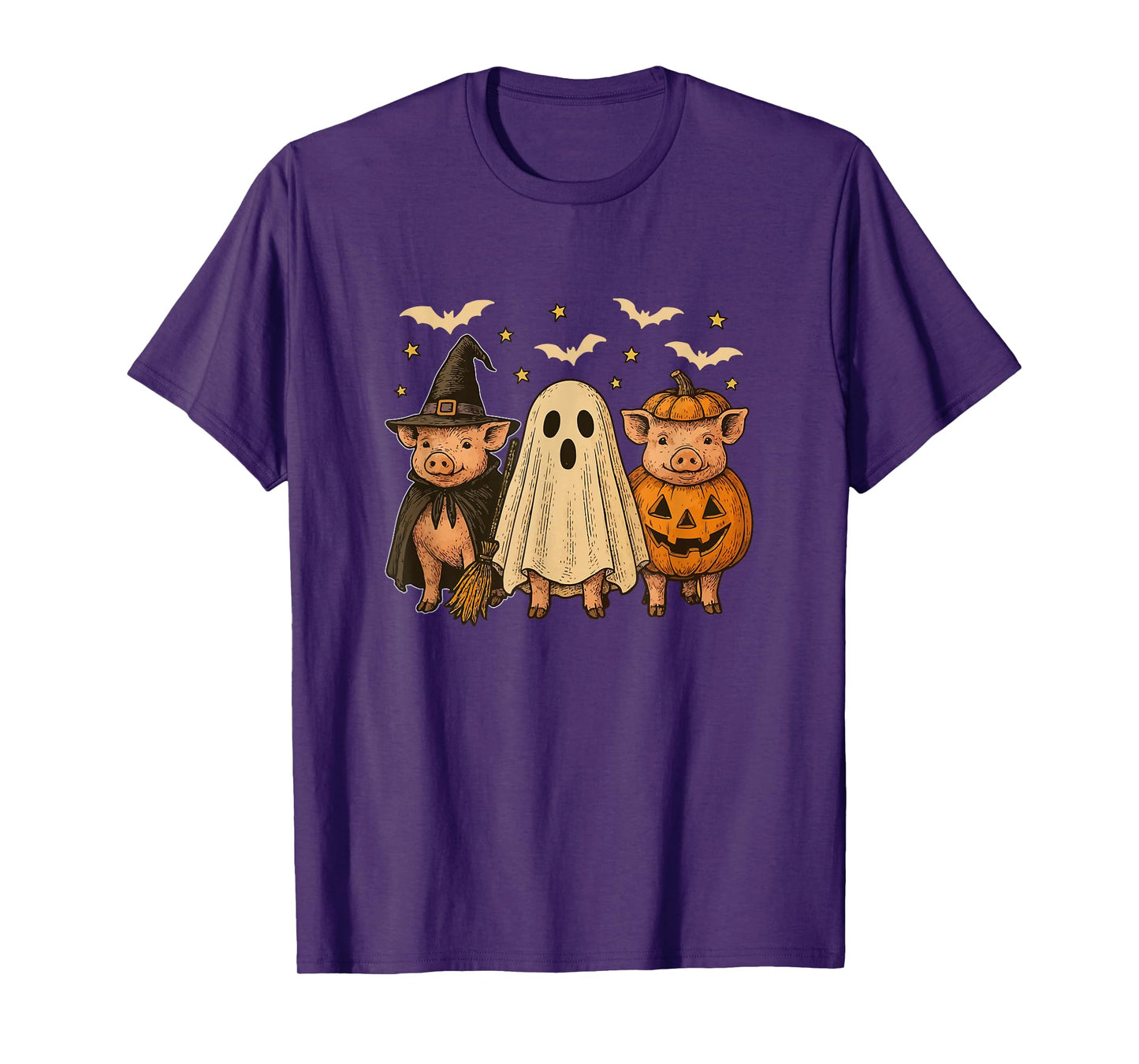 Three Halloween Pigs Cosplay Witch Boo Carved Pumpkin T-Shirt