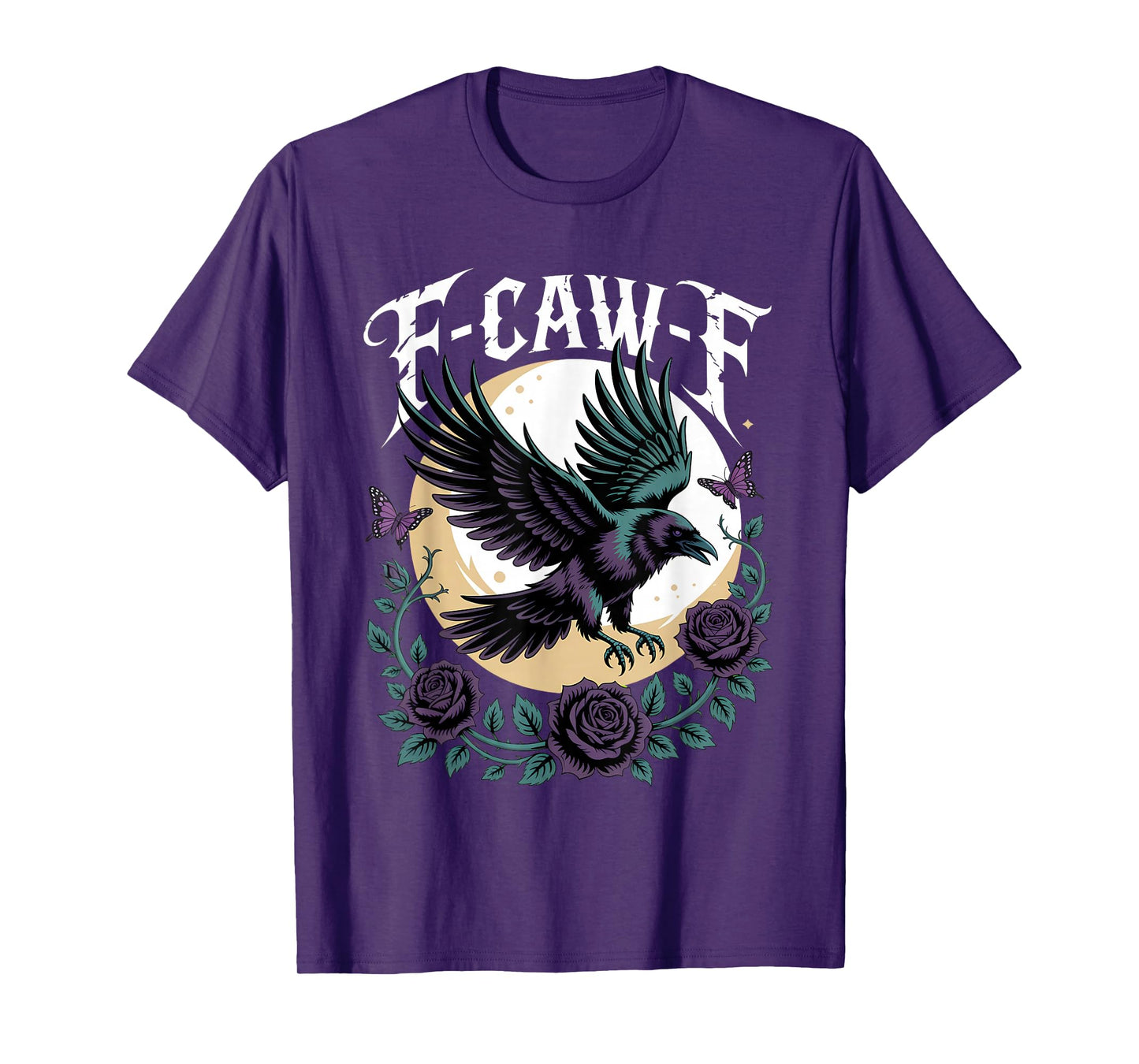 F CAW F Gothic Fly Raven Crow Moon Rose Fantasy Butterfly T-Shirt
