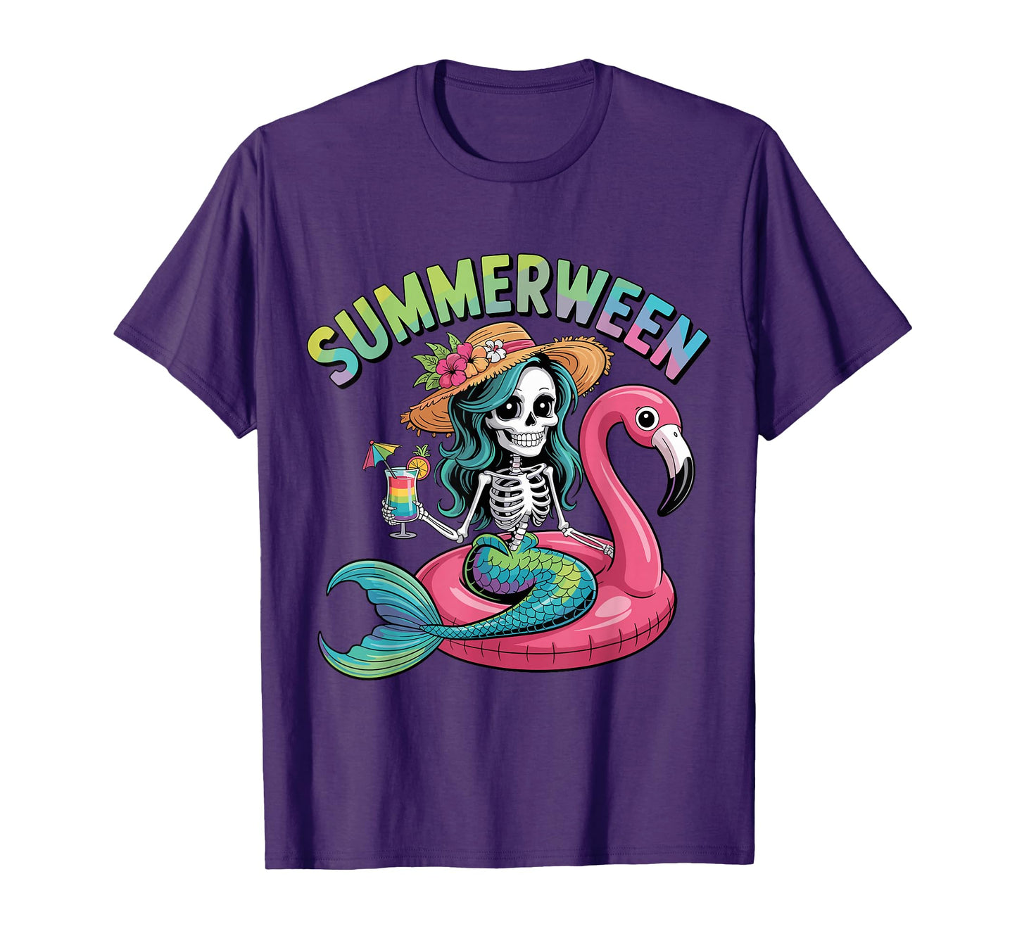 Mermaid Skeleton Flamingo Float Halloween Beach T-Shirt