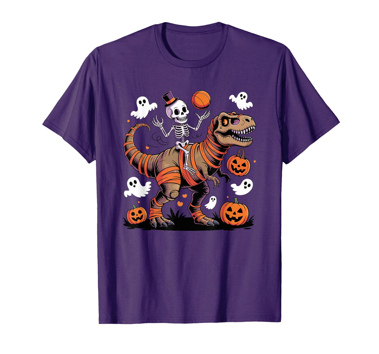 Basketball Skeleton Riding Mummy Dinosaur T-Rex Halloween T-Shirt