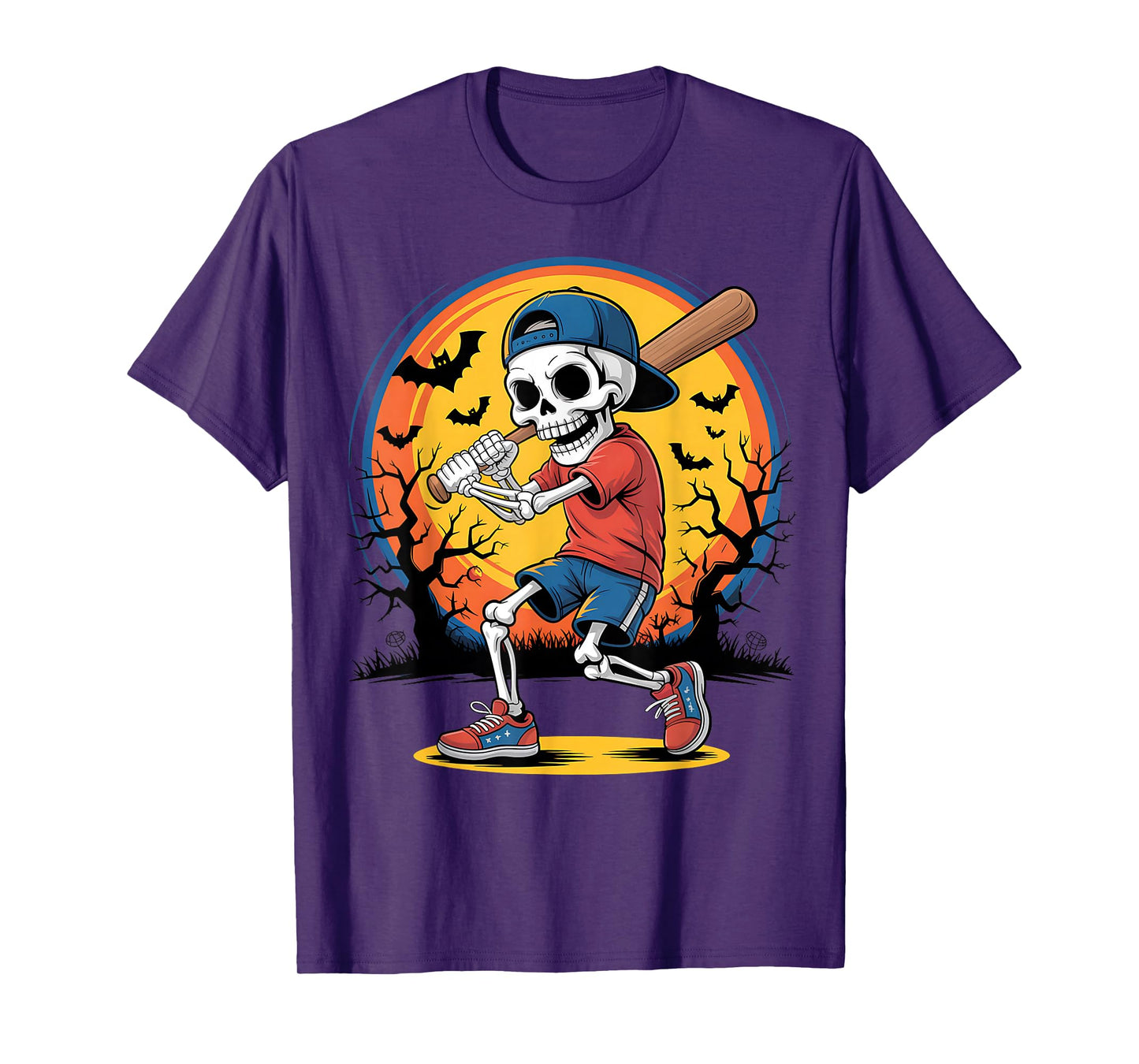 Skeleton Baseball Kid Halloween Pumpkin Sport Costume T-Shirt