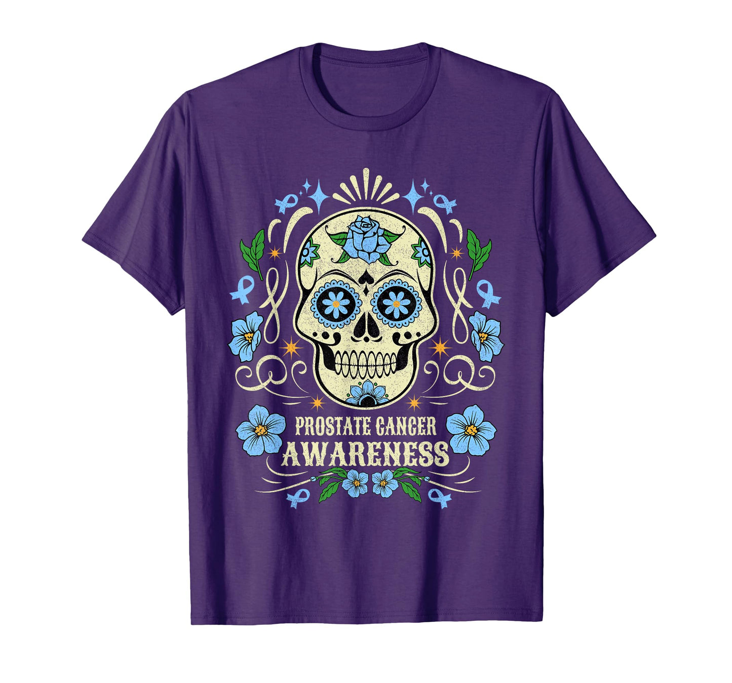 Skull Flower Prostate Cancer Awareness Retro Blue Ribbon T-Shirt