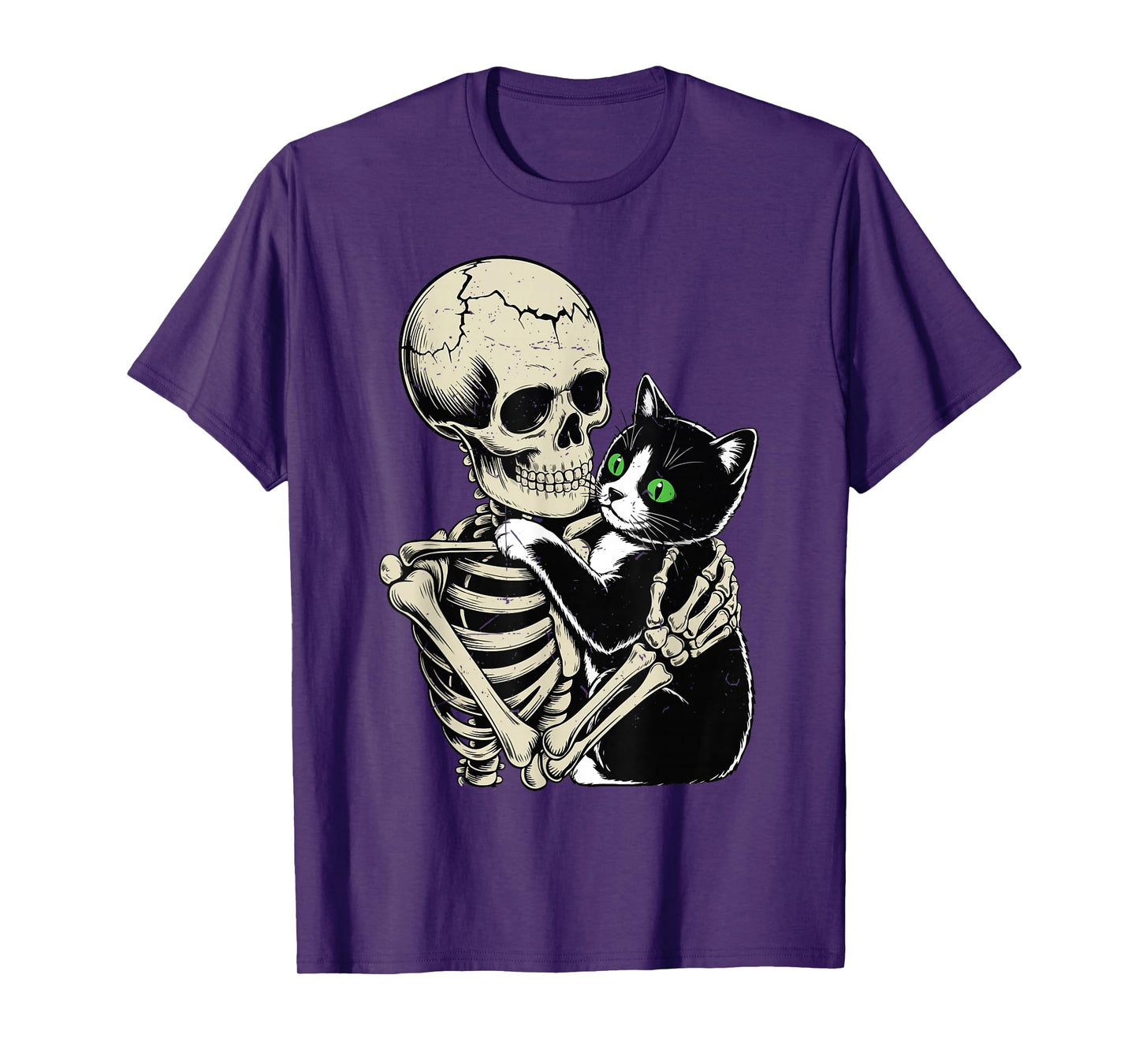 Skeleton Hugging Tuxedo Cat Funny Halloween Cat Dad Mom Gift T-Shirt