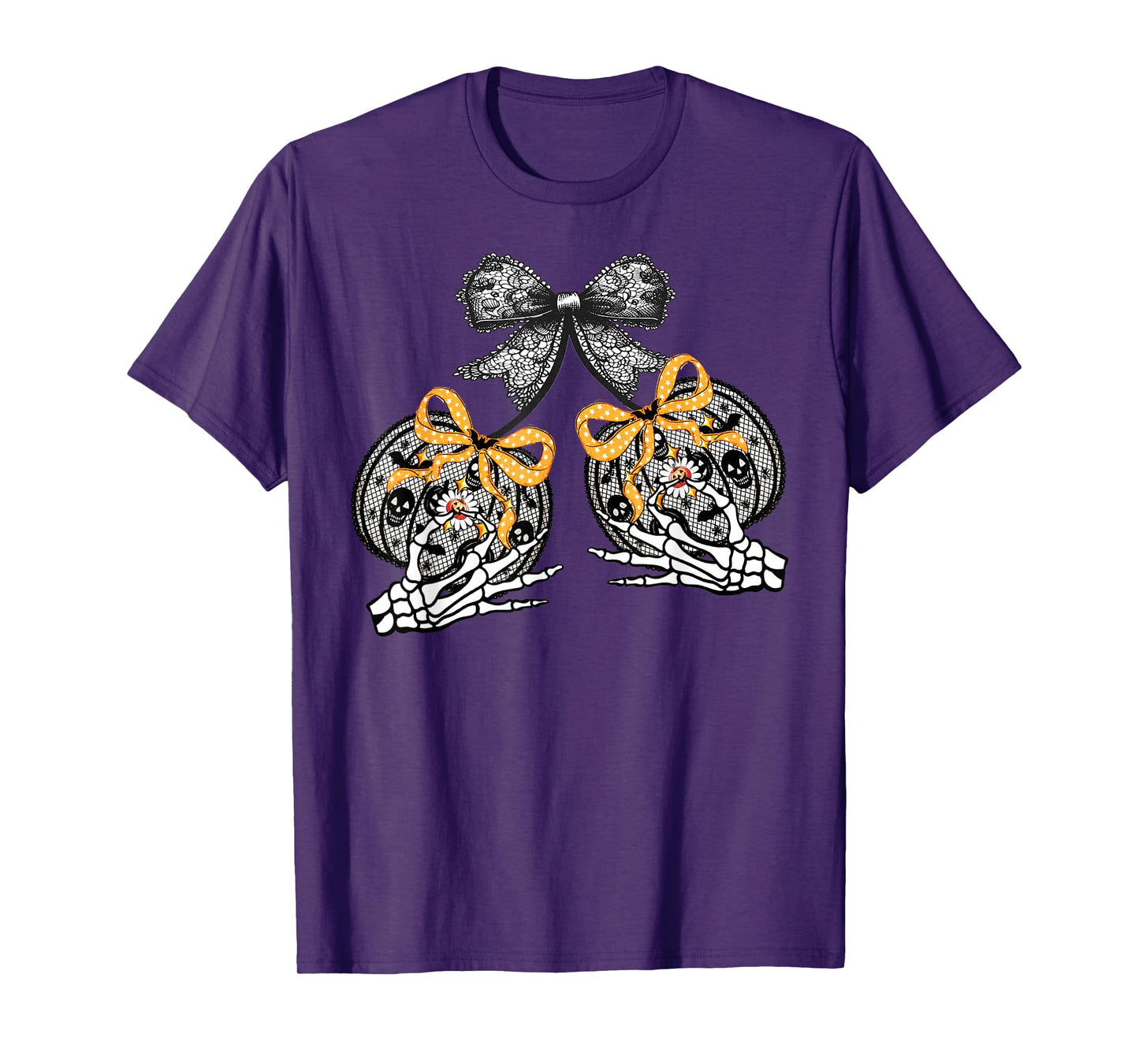 Funny Pumpkin Cherries Skeleton Lace Coquette Bow Halloween T-Shirt