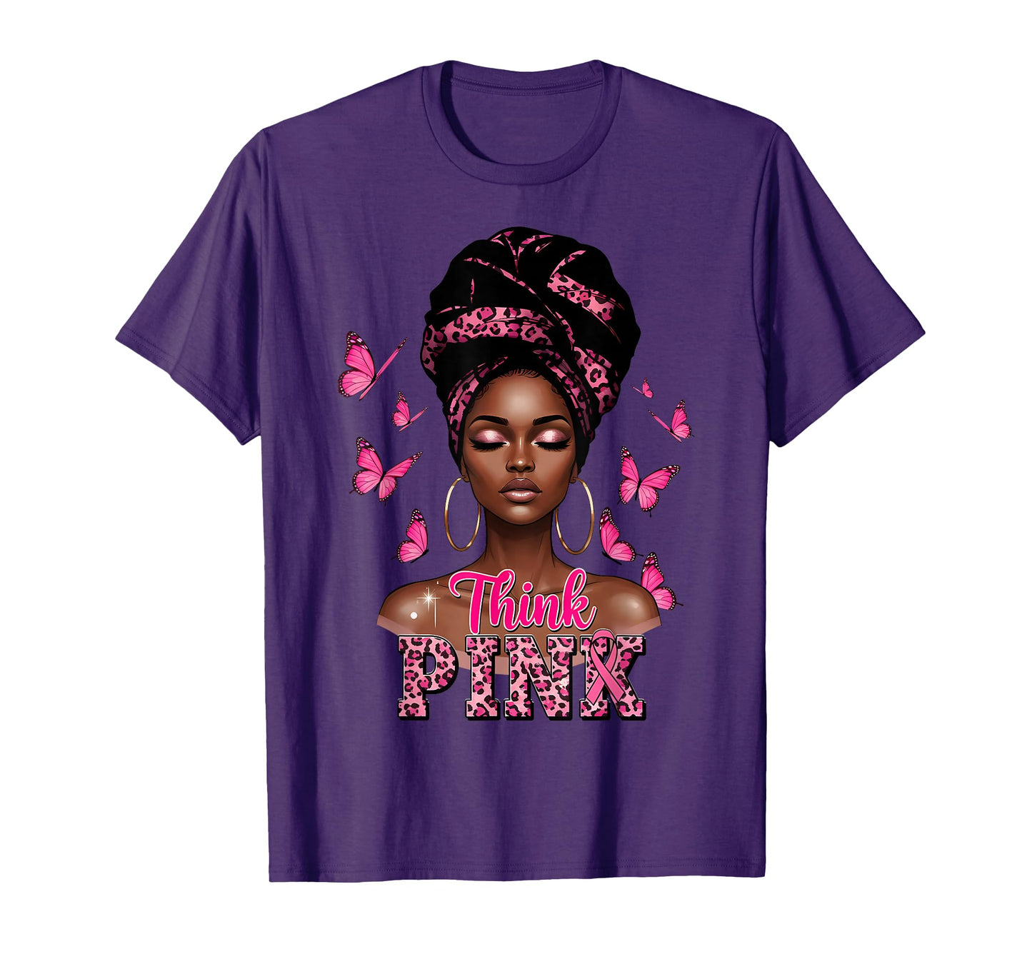 Think Pink Afro Girl Breast Cancer Pink Ribbon Black Woman T-Shirt