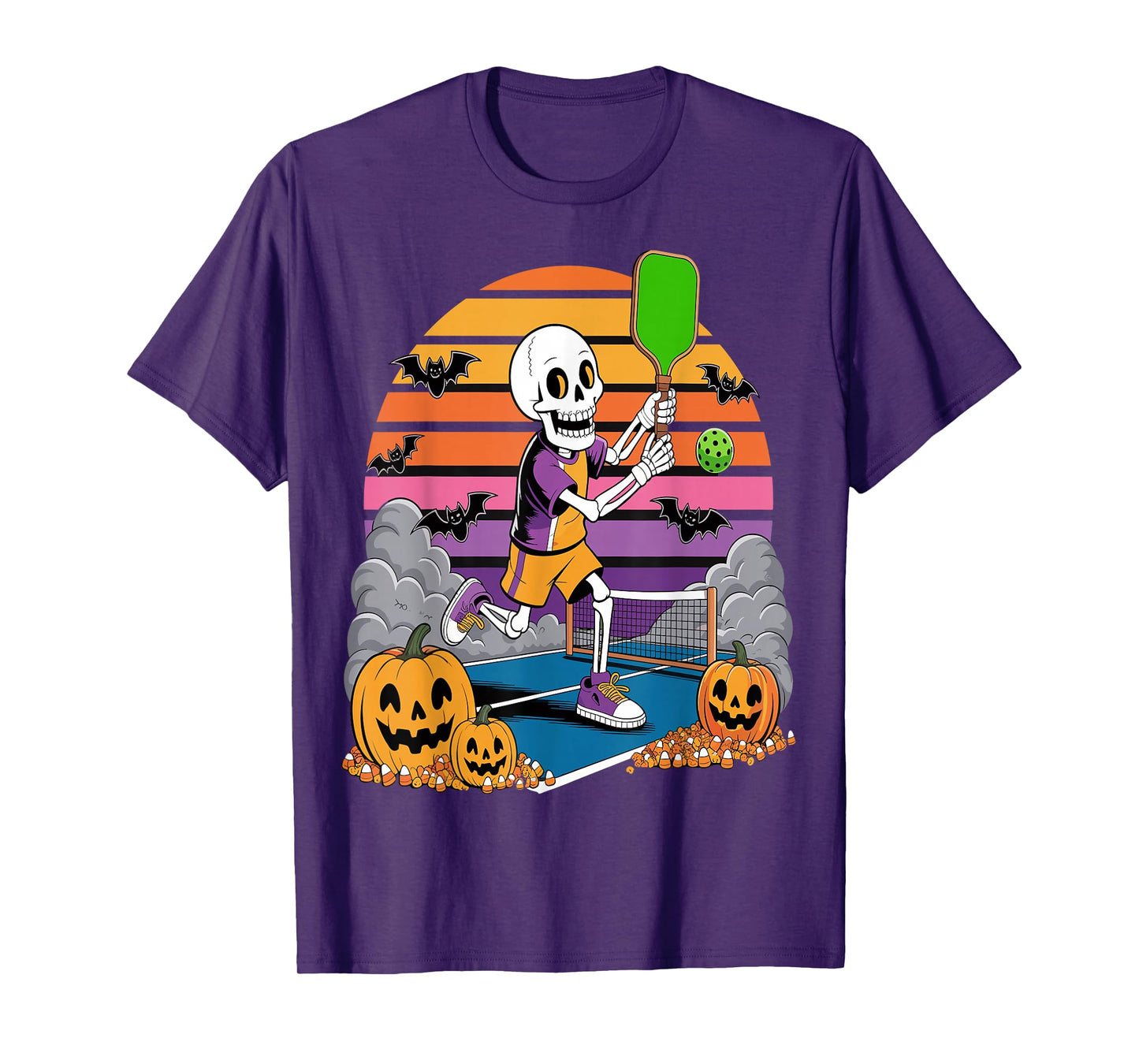 Pumpkin Skeleton Halloween Pickleball Spooky Sports T-Shirt