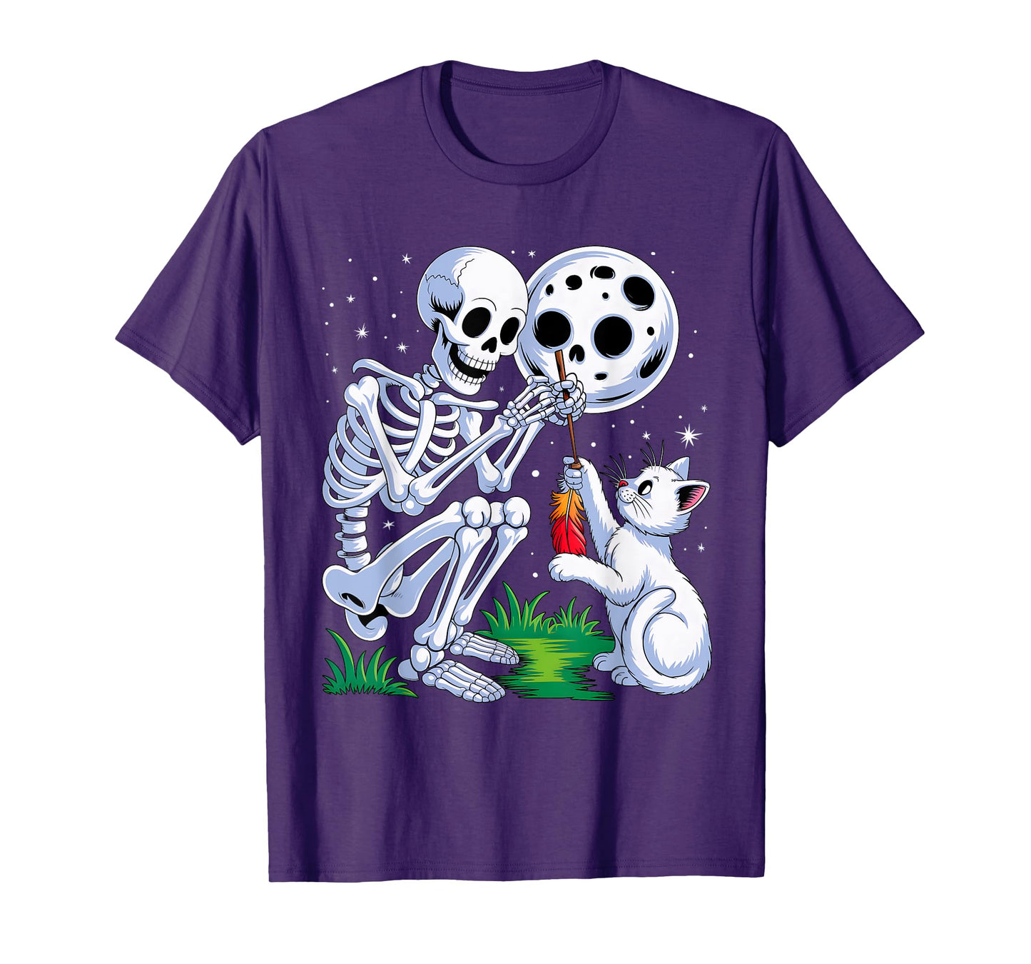Skeleton Cat Moon Night Halloween Funny Cute Men Women Girls T-Shirt