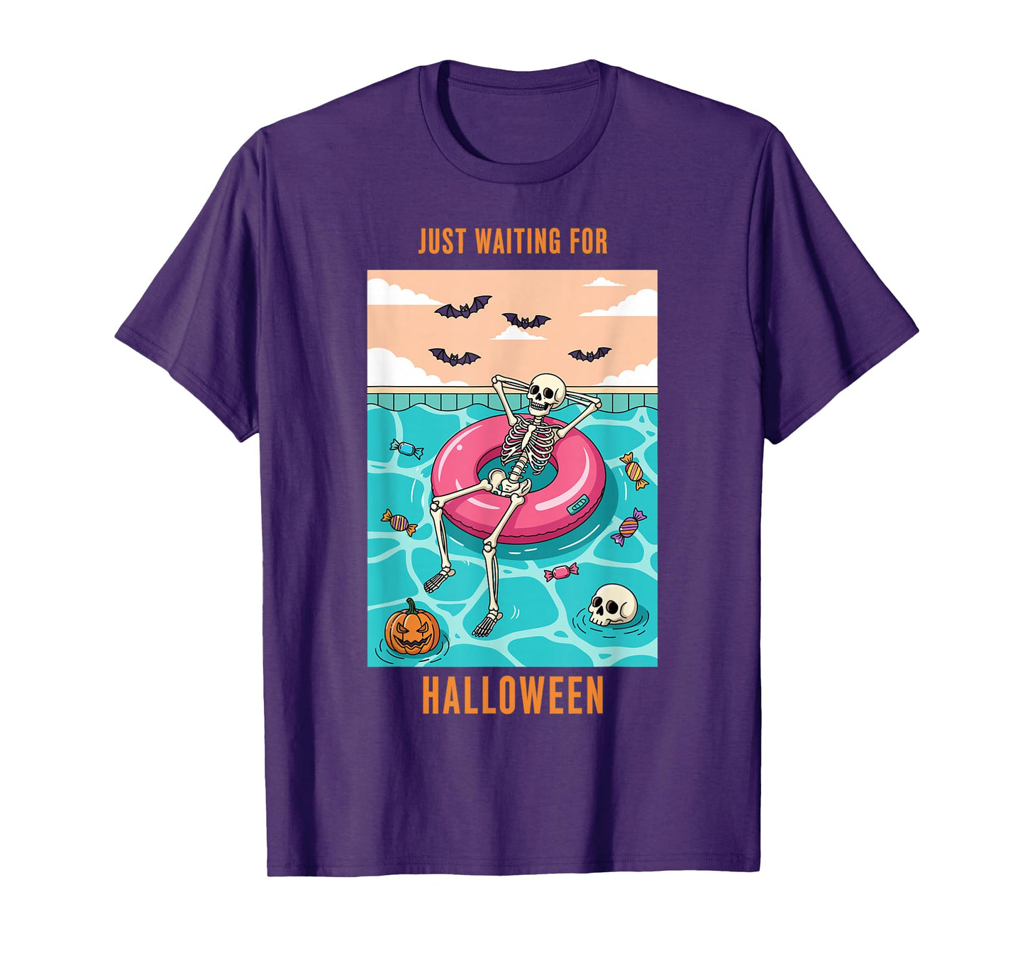 Just Waiting for Halloween Skeleton Float Spooky Fun T-Shirt