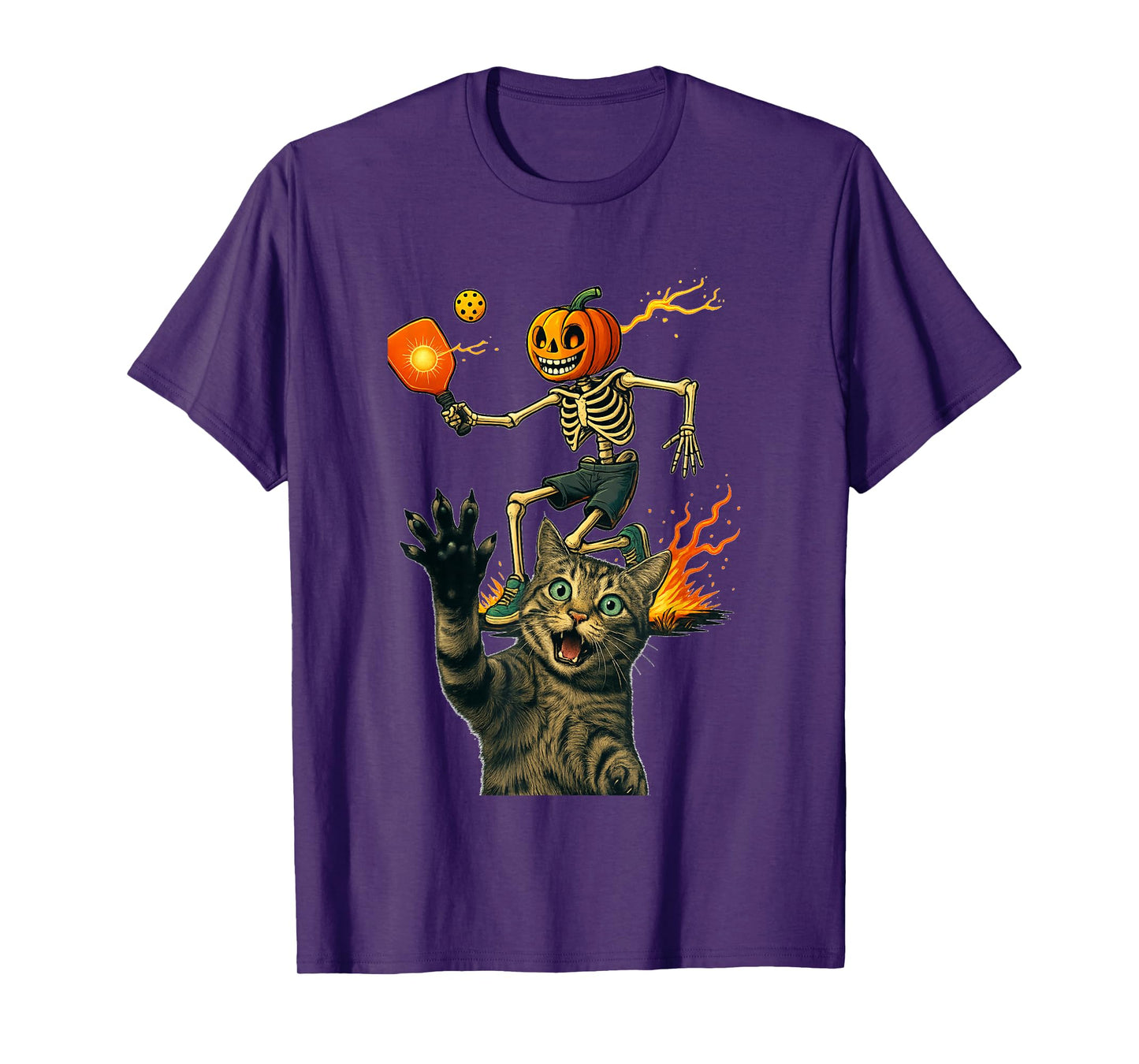 Pumpkin Head Skeleton Pickleball Halloween Spooky Cat T-Shirt