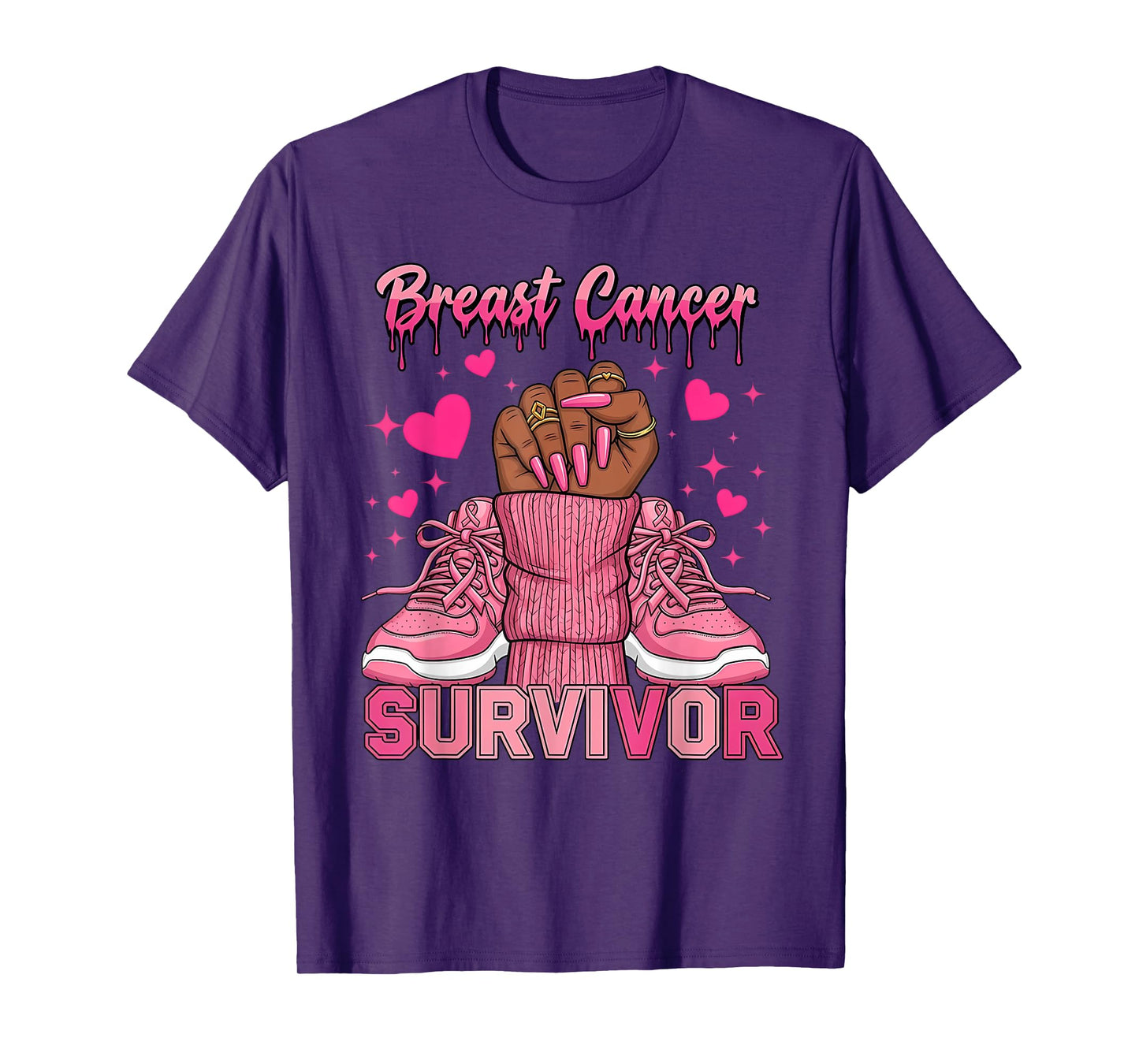 Breast Cancer Survivor Awareness Black Woman Nails Pink T-Shirt