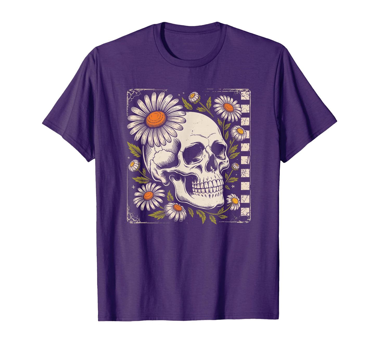 Checkered Floral Grunge Skeleton Spooky Season T-Shirt